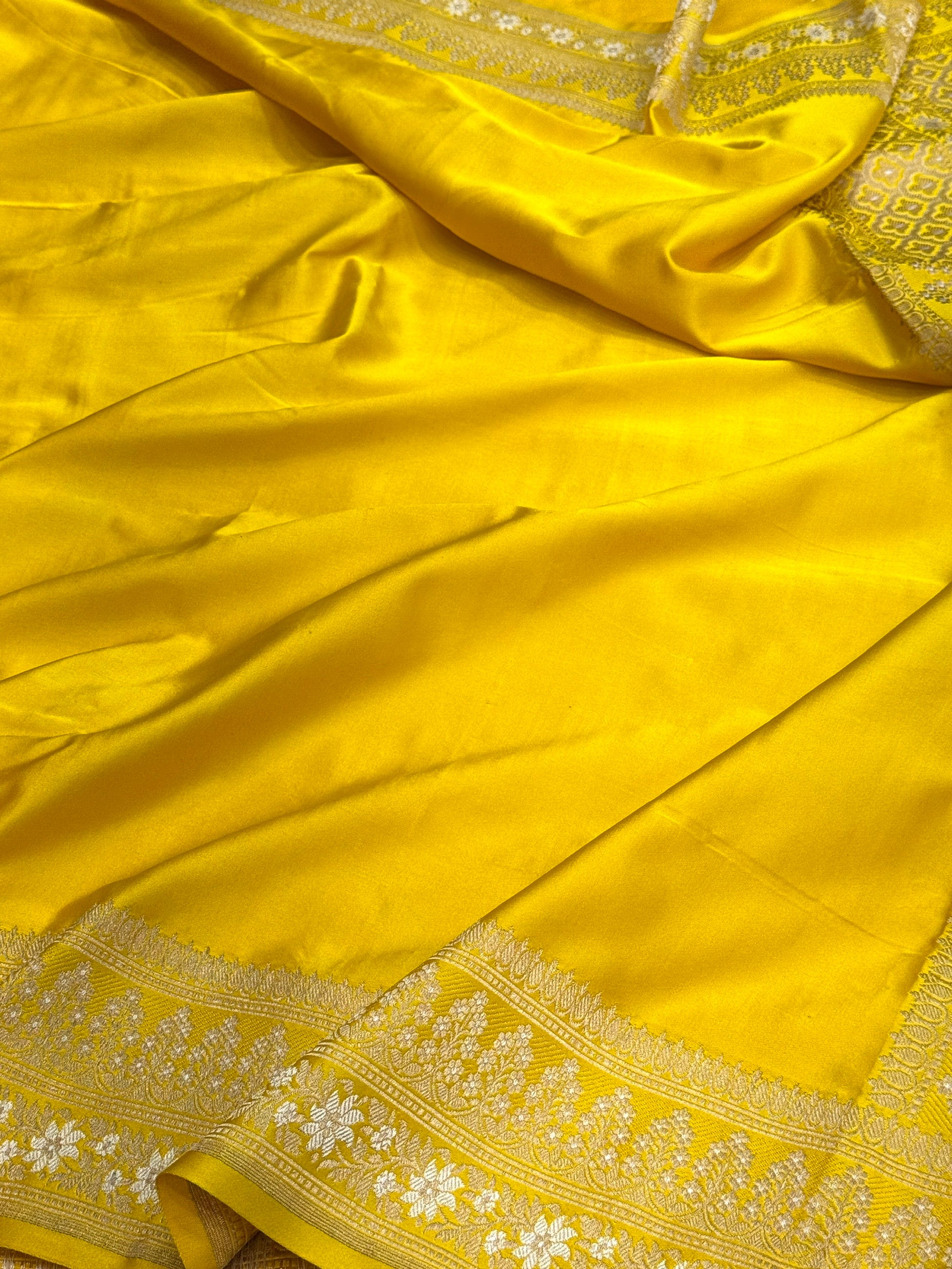 Yellow Handwoven Banarasi Pure Mashru Satin Silk Saree | Pure Satin Silk | Kadwa Weave | Handloom Banarasi Saree