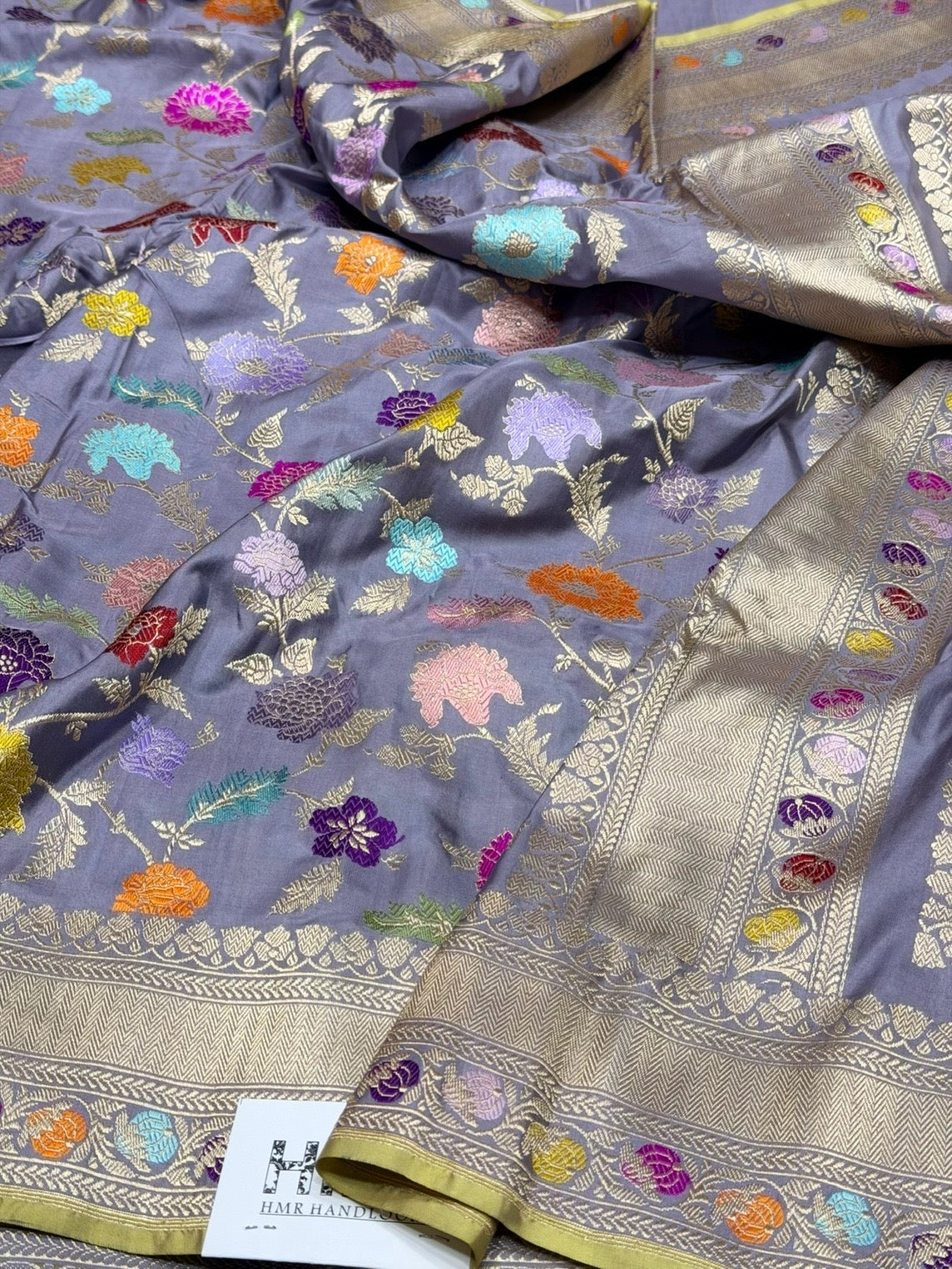 Bluish Grey Handwoven Pure Banarasi Silk Saree