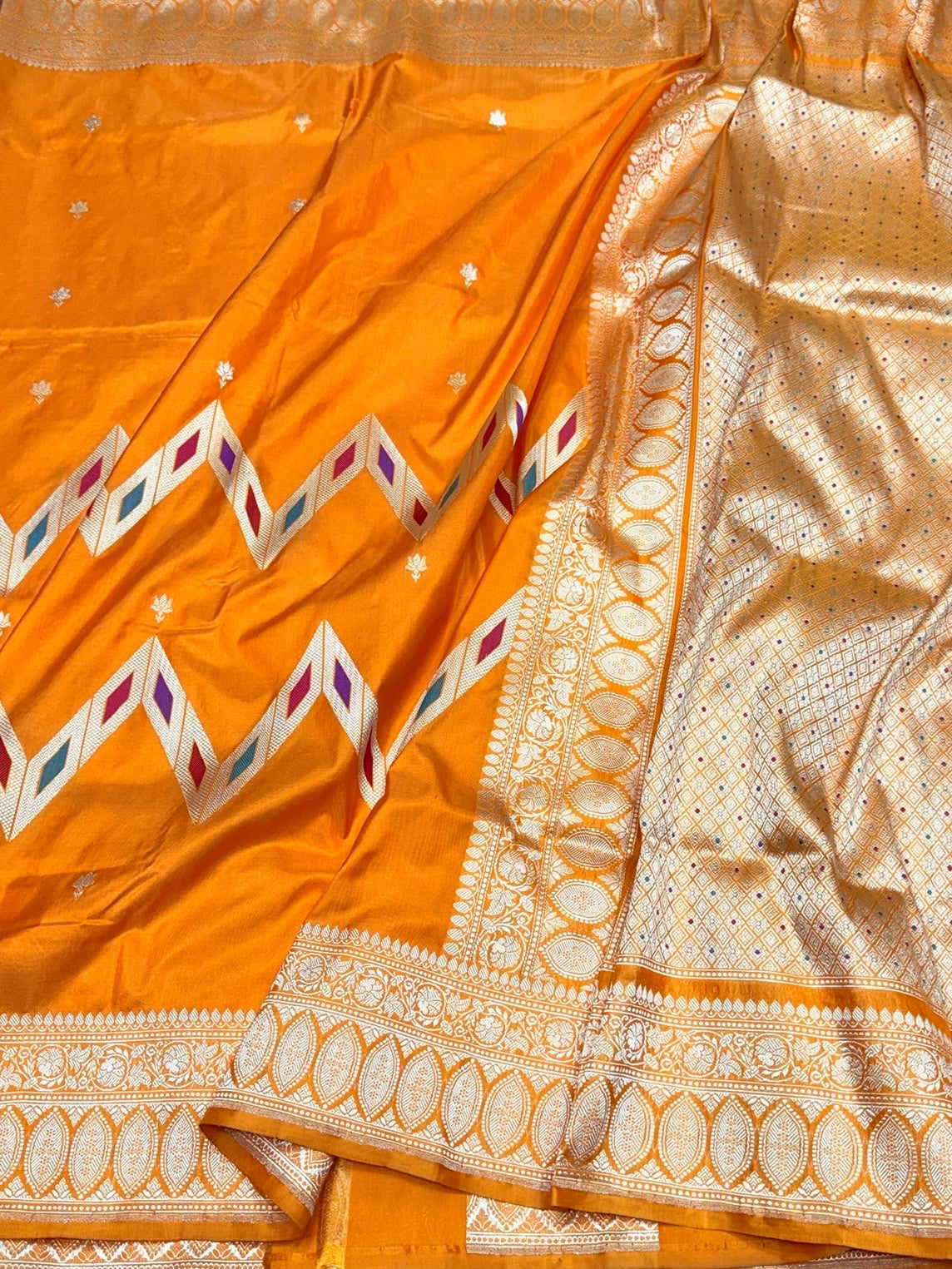 Orange Handwoven Pure Banarasi Silk Saree – Pure Katan Silk | Kadwa Weave | Luxury Banarasi Saree
