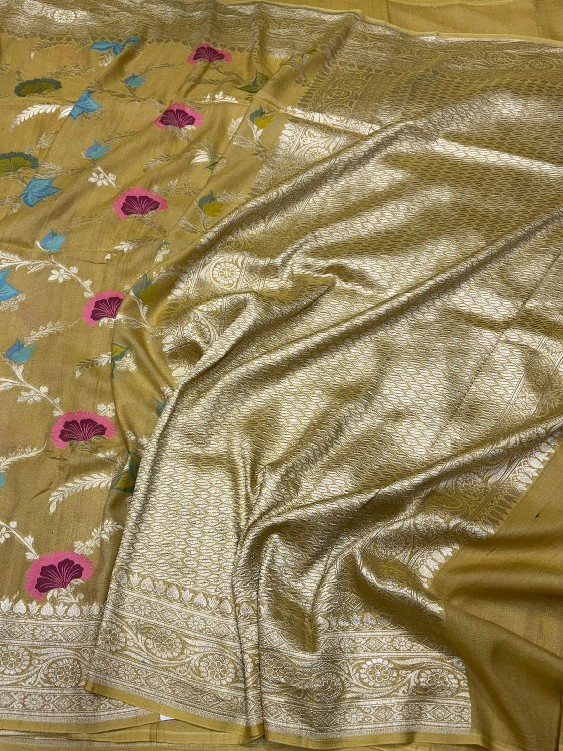 Mustard Yellow Banarasi Pure Tussar Georgette Saree