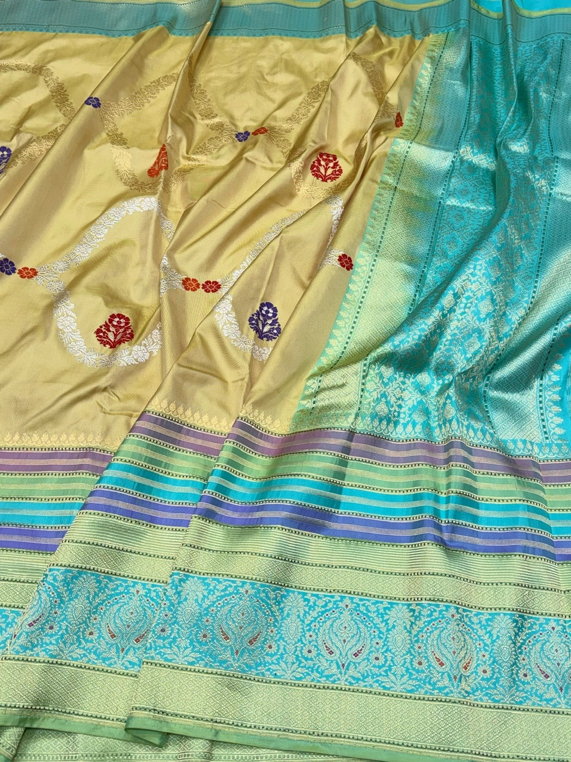 Mustard Yellow / Turquoise Green Handwoven Pure Banarasi Ektara Silk Saree – Luxury Kadwa Weave