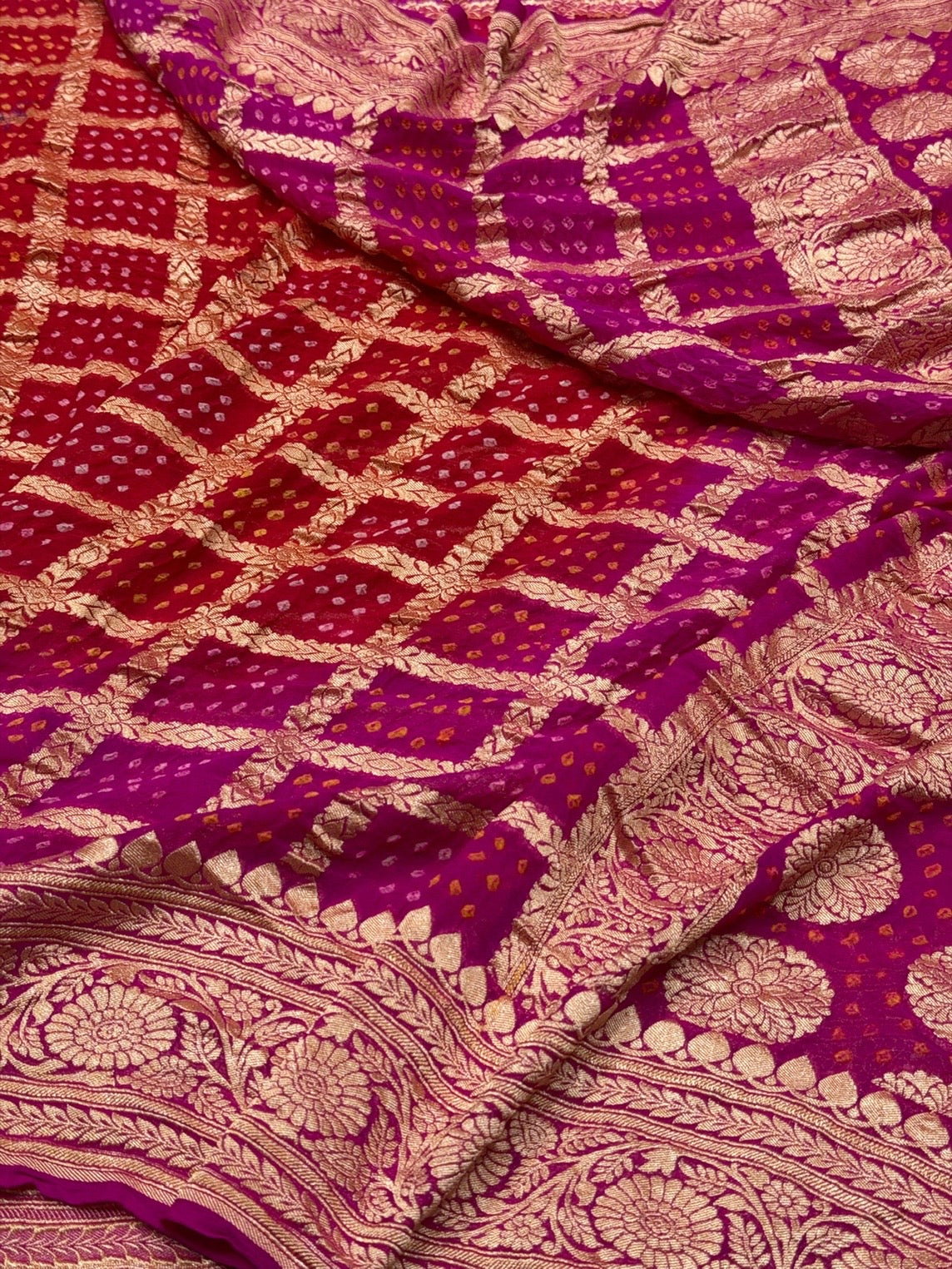 Rani Pink Banarasi Pure Bandhej Georgette Saree – Luxury Cutwork Brocade Festive Saree