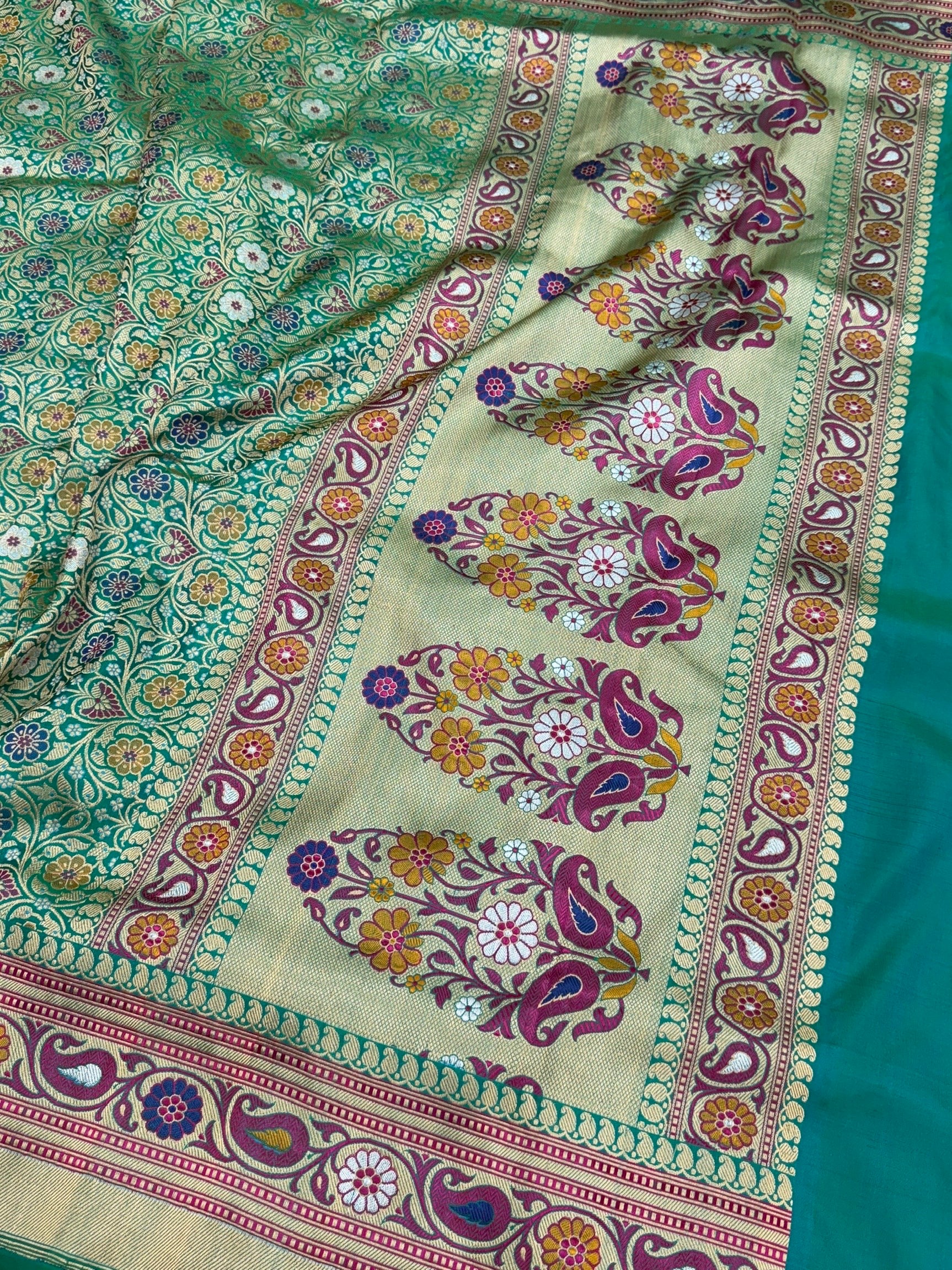 Green Banarasi Minakari Pure Silk Brocade Saree | 100% Pure Katan Silk with Intricate Brocade Design