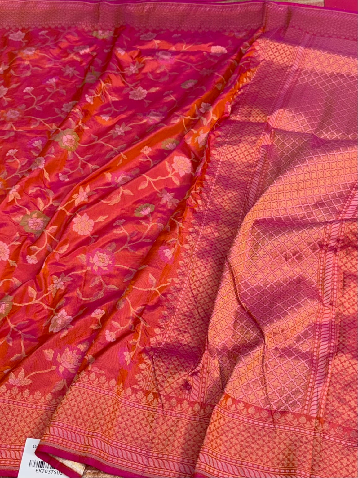 Orangish Pink Handwoven Pure Banarasi Ektara Silk Saree