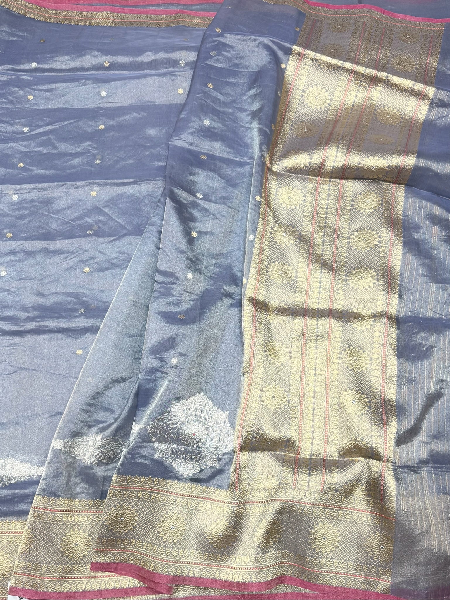 Bluish Grey Handwoven Pure Banarasi Tissue Silk Saree