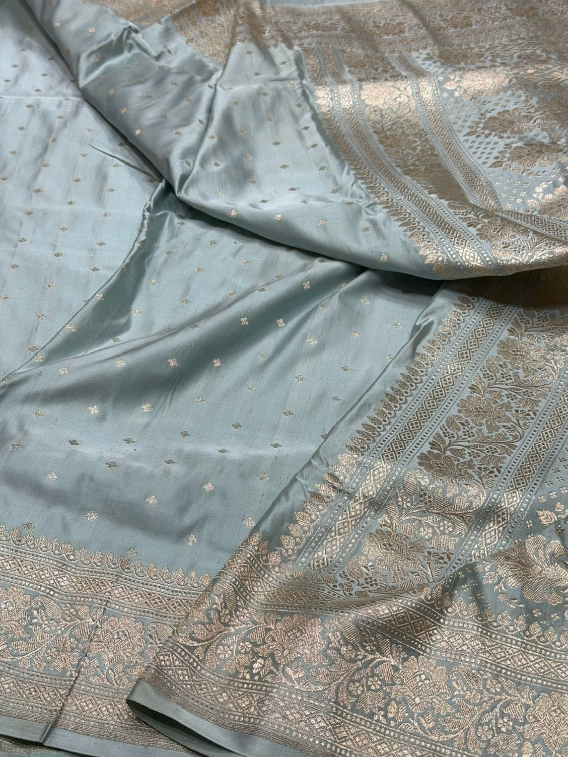 Ash Grey Handwoven Vintage Pure Banarasi Satin Silk Saree
