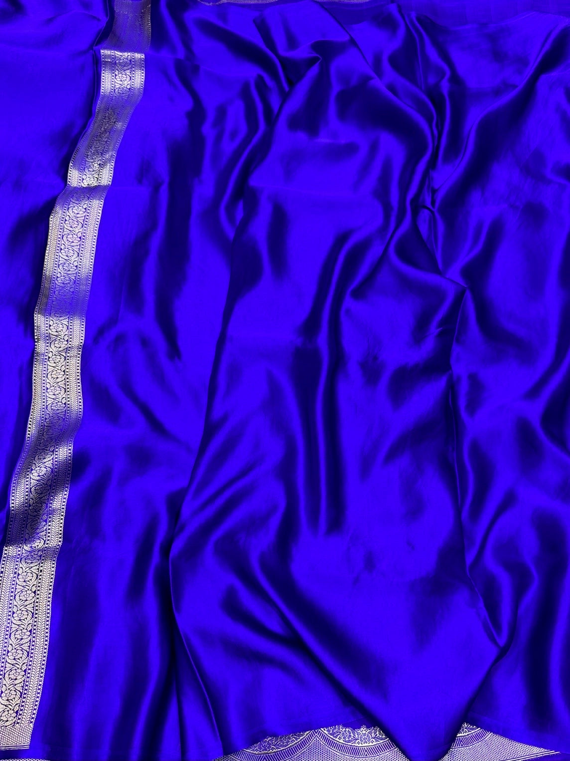 Royal Blue Handwoven Pure Mashru Banarasi Satin Silk Saree – Kadwa Weave | Authentic Banaras Handloom