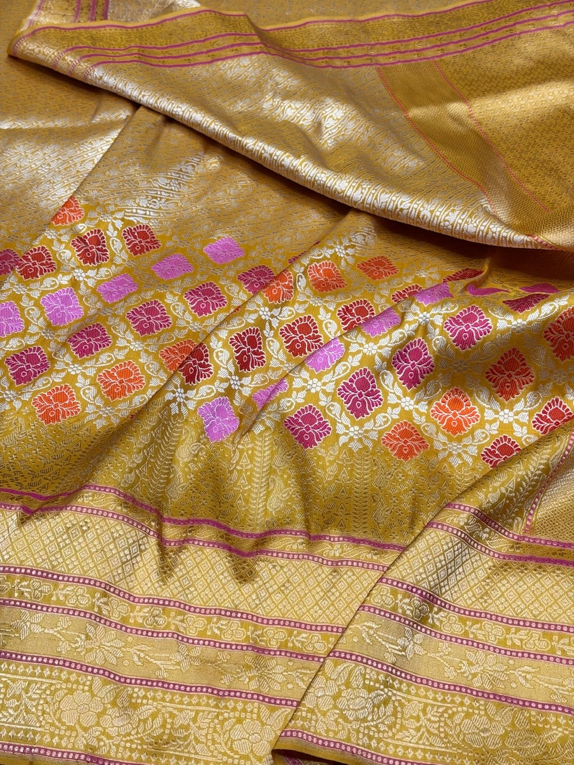 Yellow Handwoven Pure Banarasi Silk Saree in Kadwa Weave | Authentic Katan Mulberry Silk