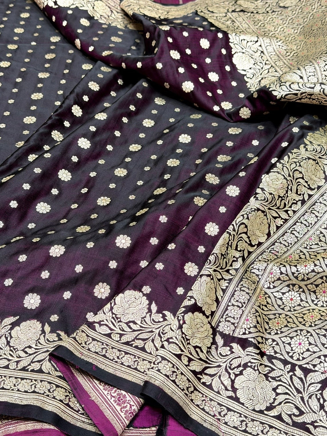 Wine Vintage Banarasi Pure Satin Silk Brocade Saree – Luxury Cutwork Wedding & Festive Saree