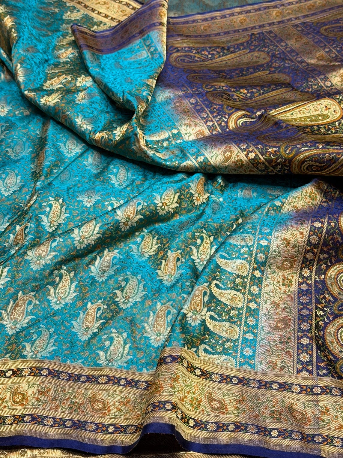 Sky Blue Handwoven Pure Banarasi Satin Tanchoi Silk Saree