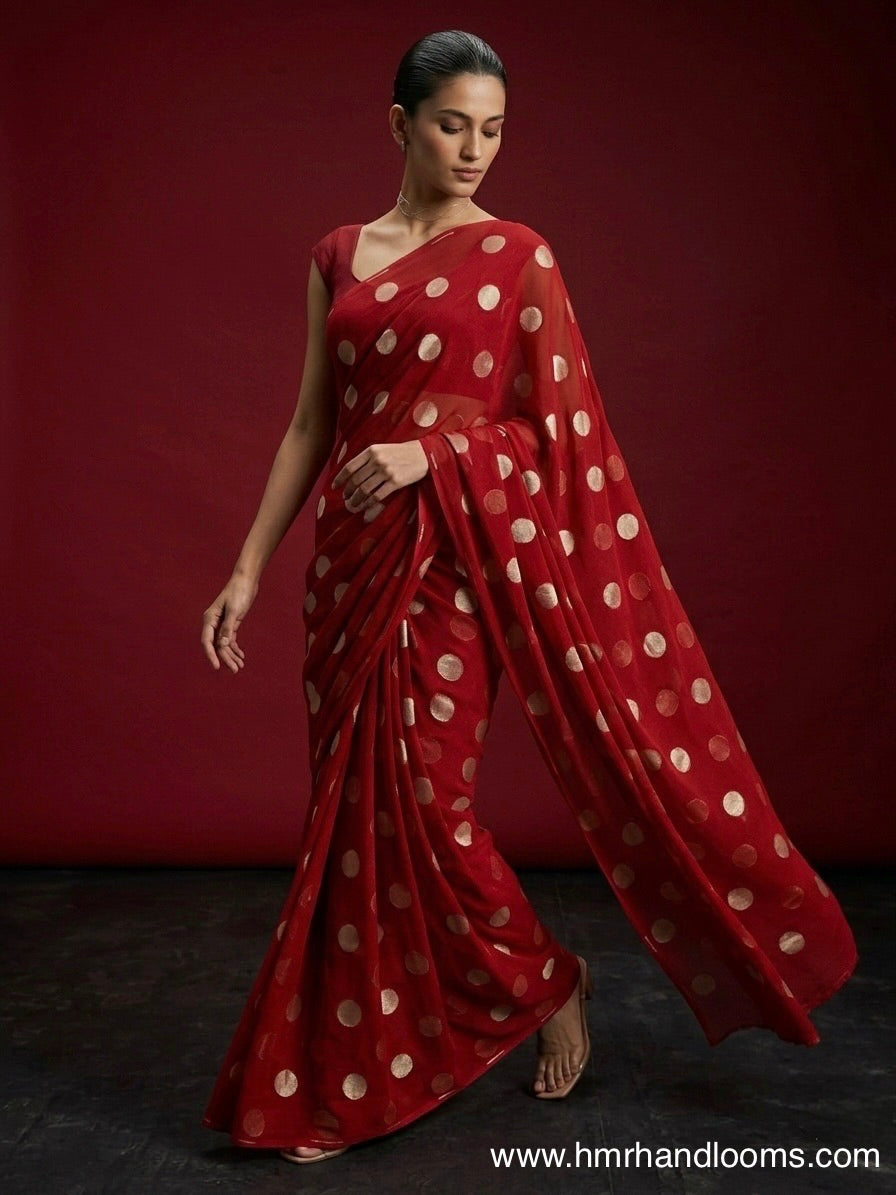 Red Banarasi Pure Chiffon Georgette Saree – Luxury Cutwork Brocade Festive Saree