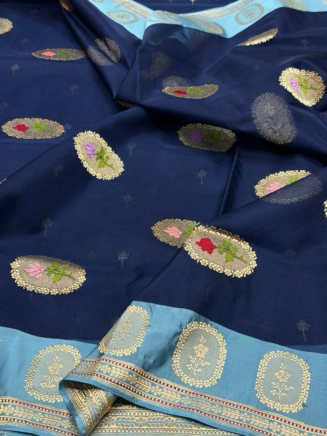 Navy Blue Handwoven Pure Banarasi Organza Silk Saree – Kadwa Weave in Kora Mulberry Silk