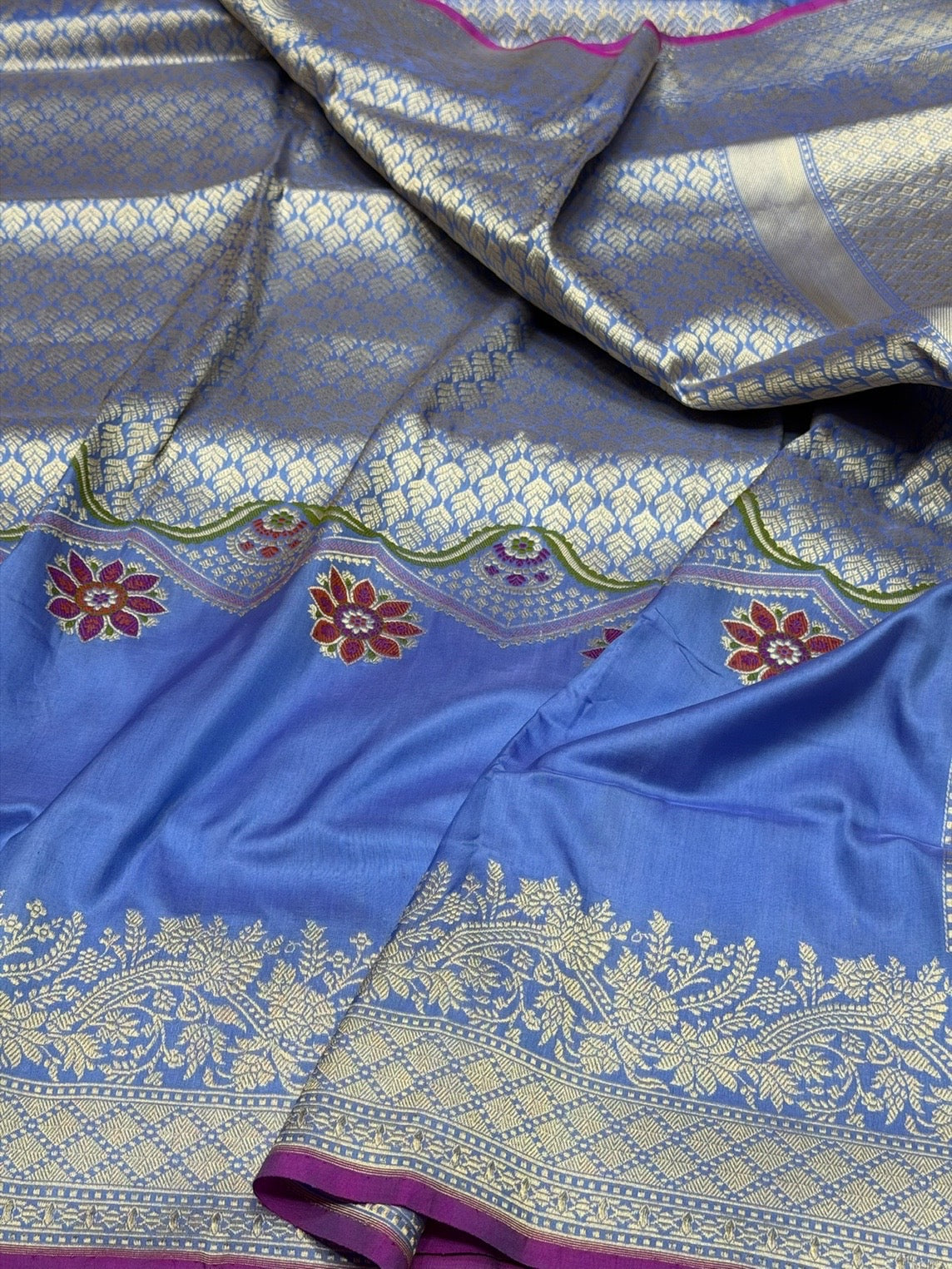Sky Blue Handwoven Pure Banarasi Silk Saree in Kadwa Weave | Authentic Katan Mulberry Silk