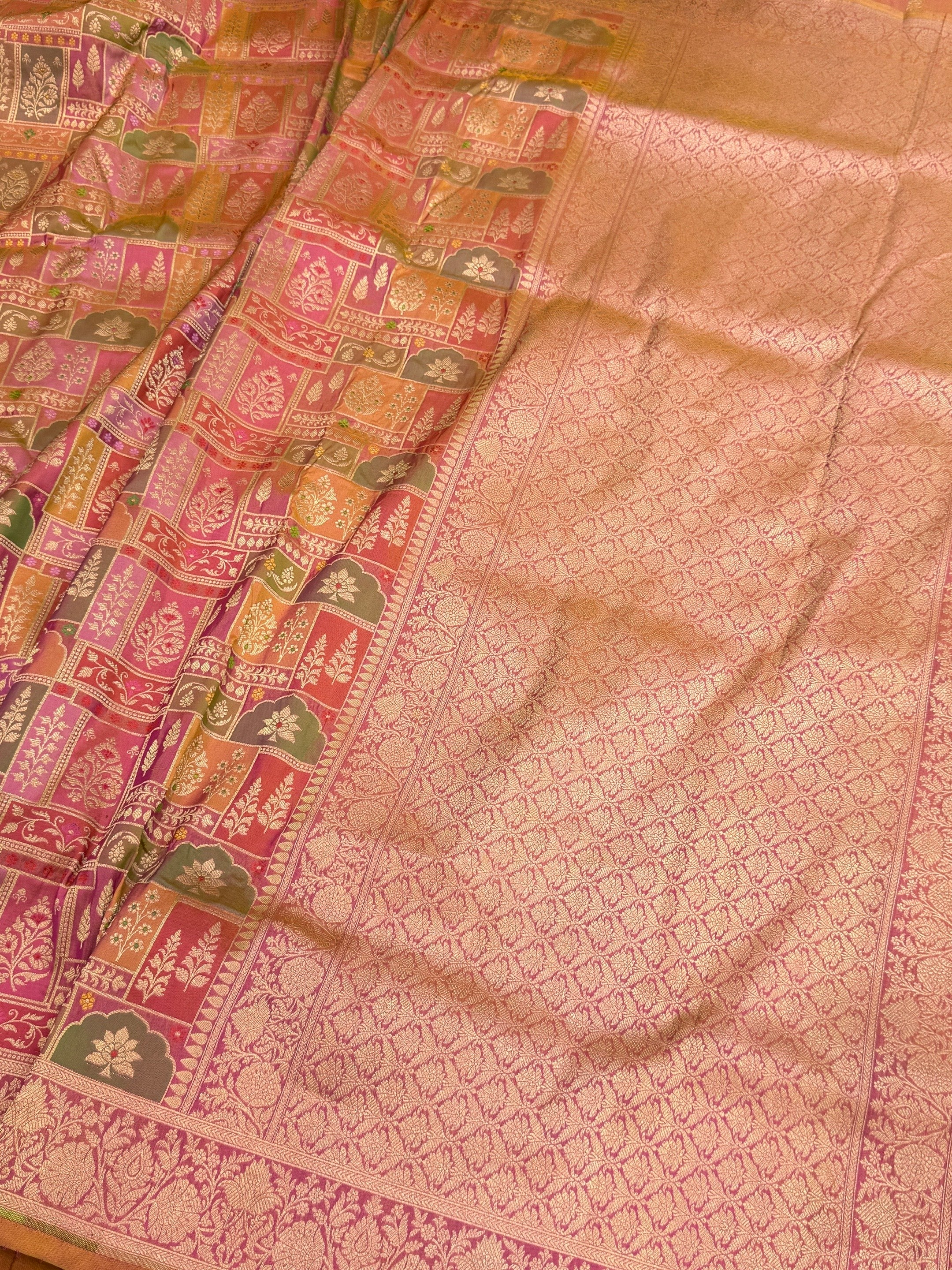 Multicolour Banarasi Pure Silk Saree – Cutwork Weave in 100% Pure Katan Silk