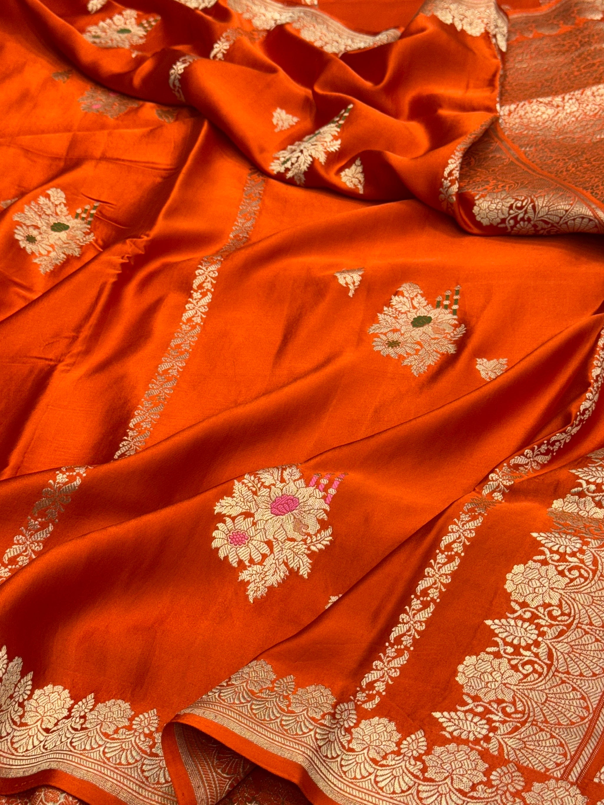 Orange Handwoven Pure Mashru Banarasi Satin Silk Saree