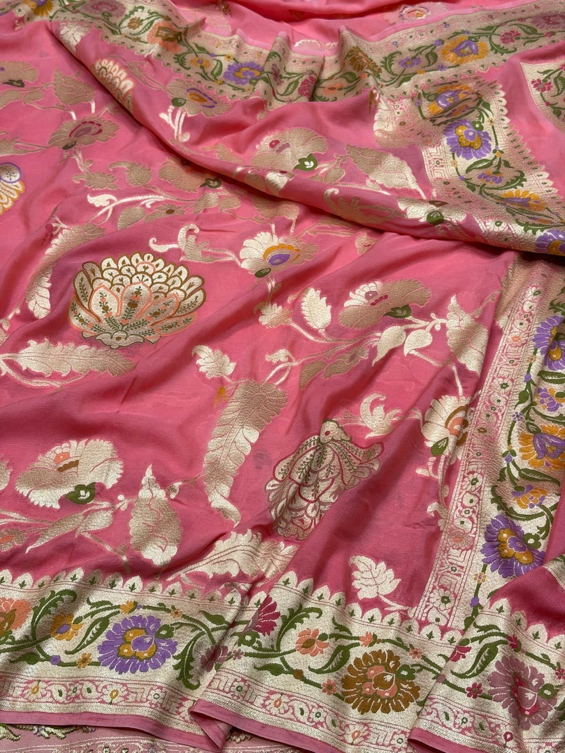 Pastel Pink Pure Banarasi Chiffon Georgette Saree