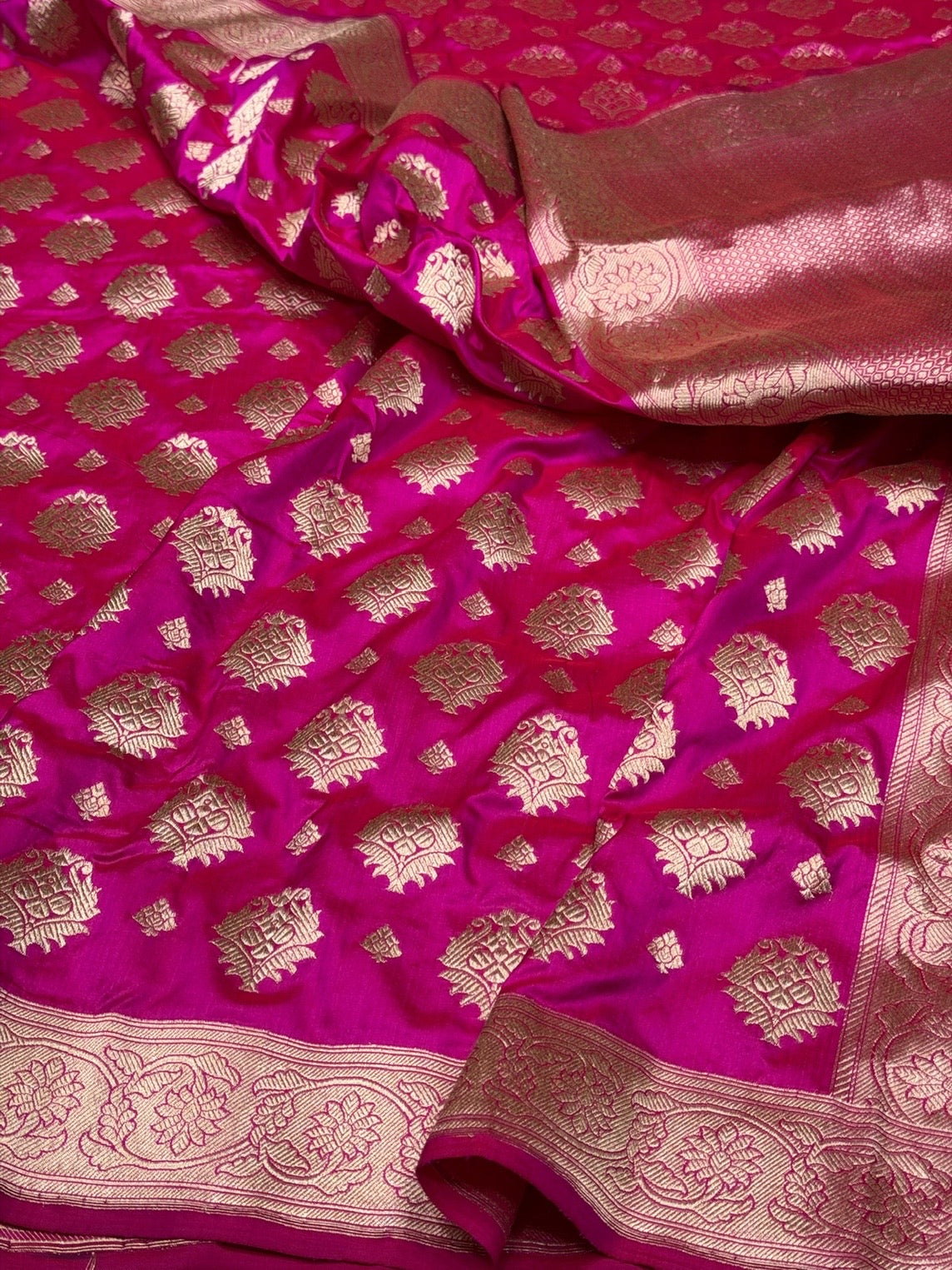 Rani Pink Handwoven Pure Banarasi Silk Saree – Kadwa Weave in 100% Katan Silk