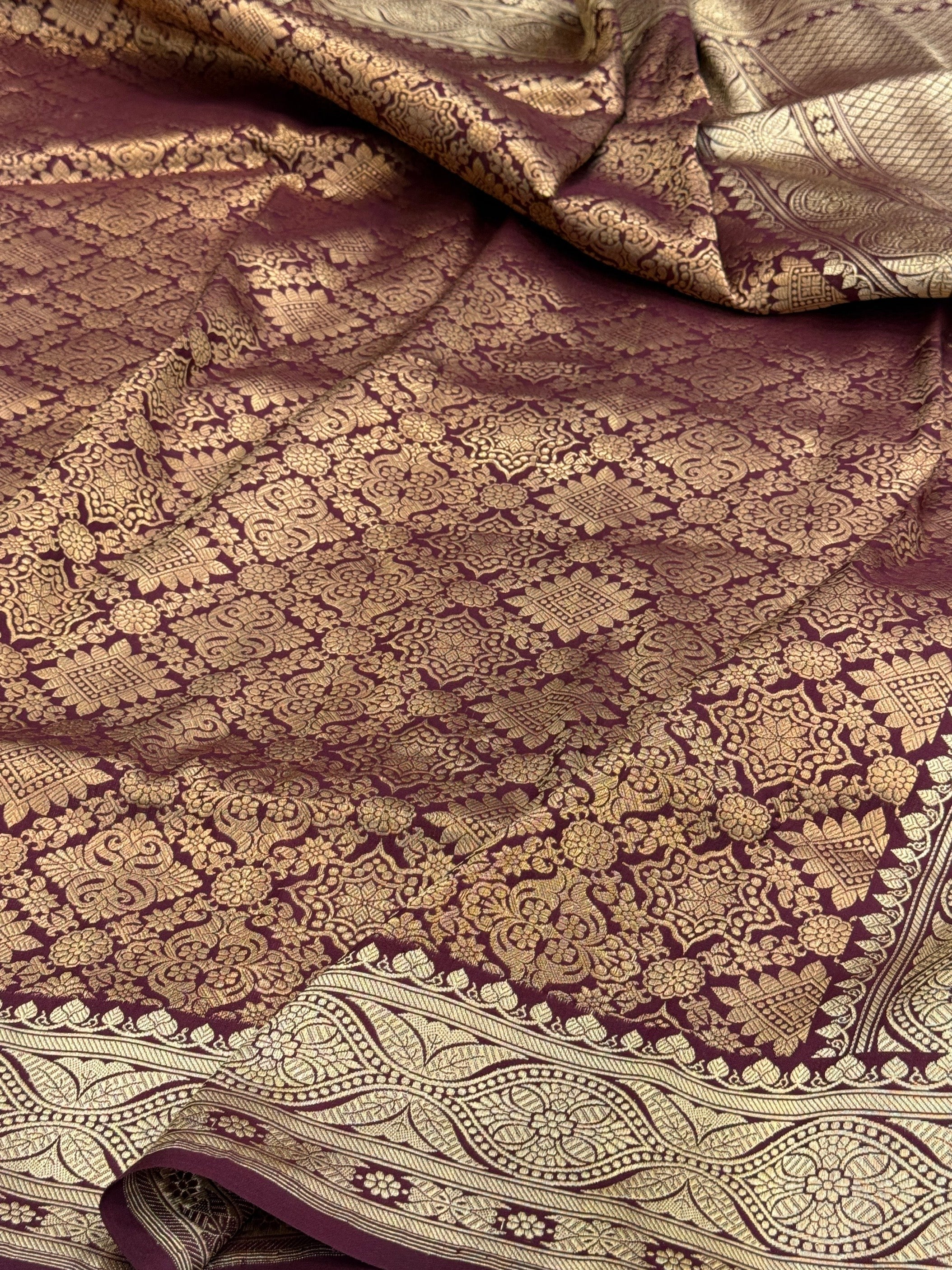 Wine Pure Banarasi Silk Brocade Saree in Katan Mulberry Silk – Timeless Banaras Elegance