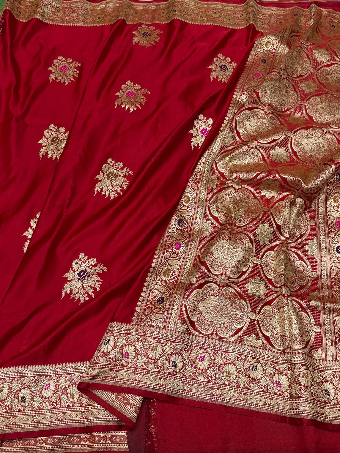 Red Handwoven Vintage Pure Banarasi Satin Silk Saree