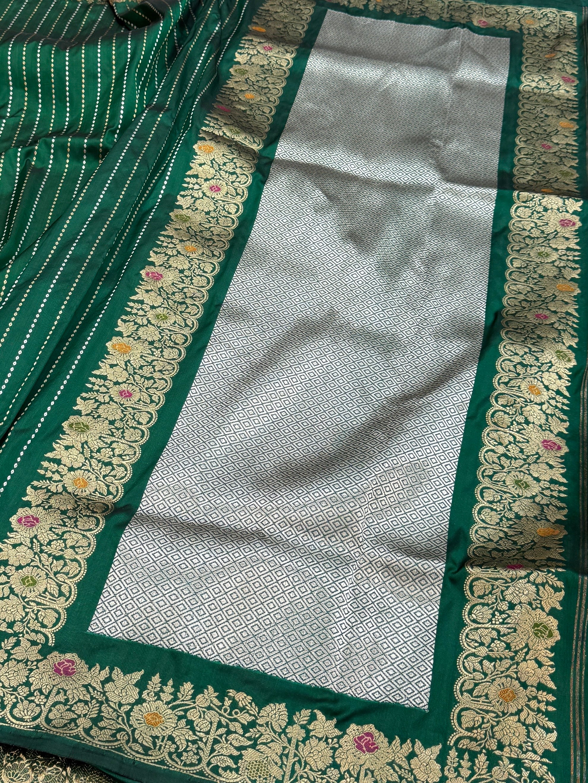 Bottle Green Handwoven Pure Banarasi Silk Saree | Pure Katan Silk | Kadwa Weave | HMR Handlooms