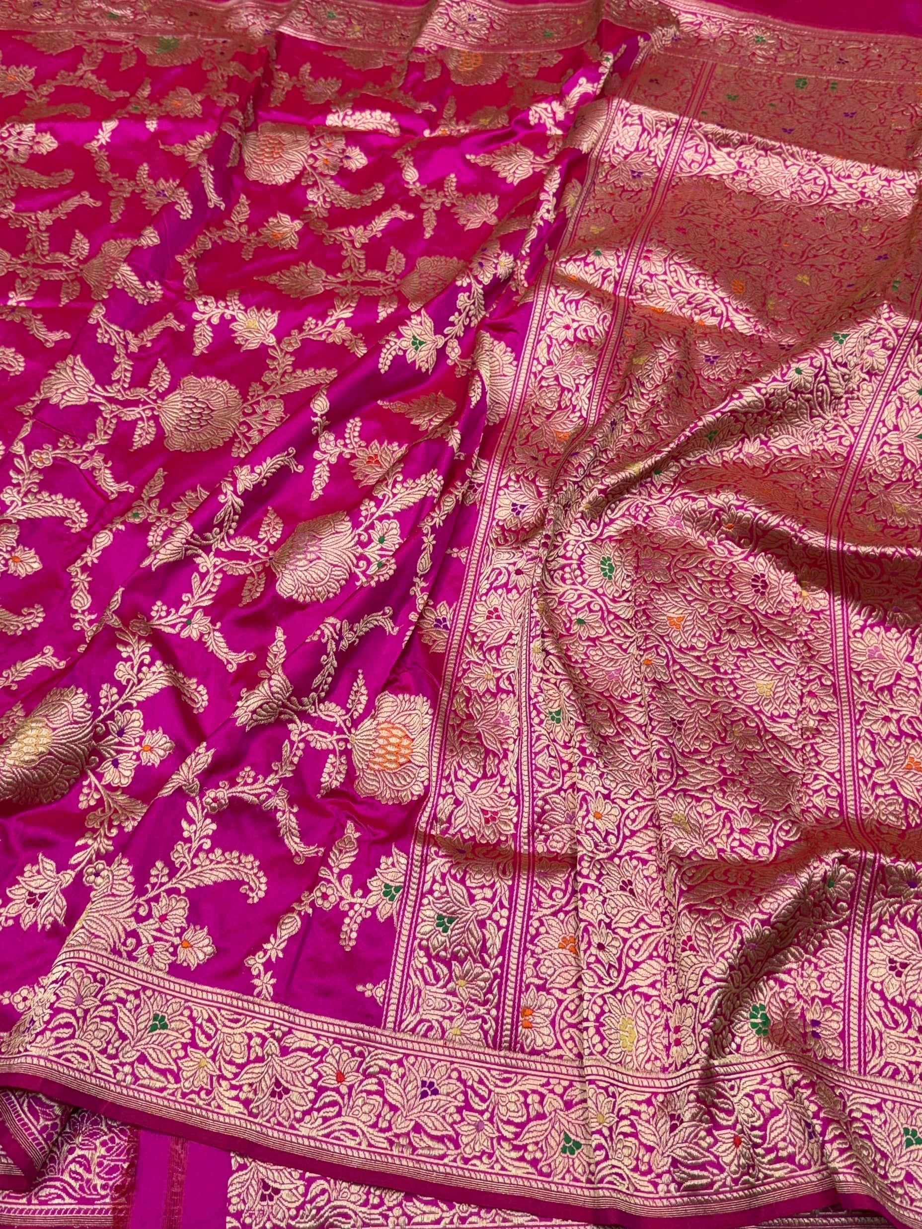 Rani Pink Handwoven Pure Banarasi Silk Saree – Kadwa Weave in 100% Katan Mulberry Silk