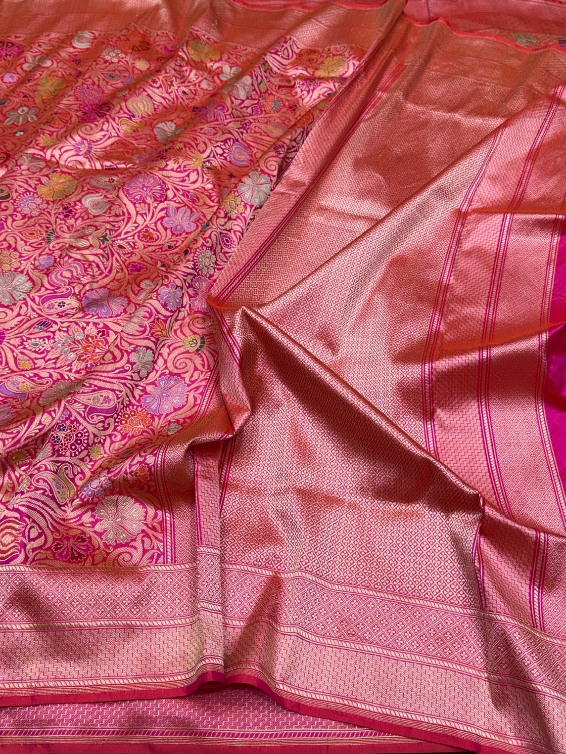 Rani Pink Handwoven Kimkhab Pure Banarasi Silk Brocade Saree – 100% Katan Mulberry Silk