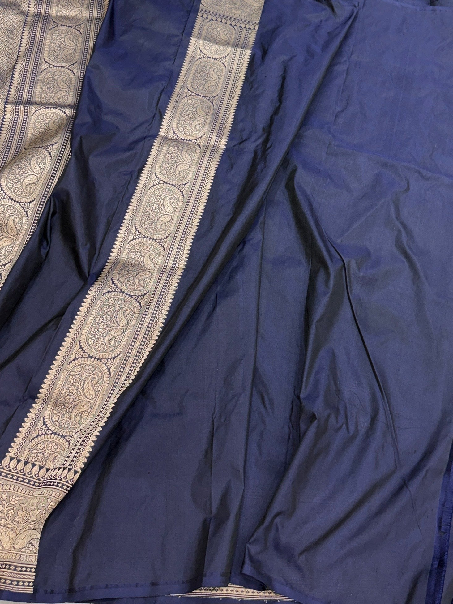 Navy Blue Handwoven Pure Banarasi Katan Silk Saree | Kadwa Weave | Gold & Silver Zari | Pure Silk Handloom Saree