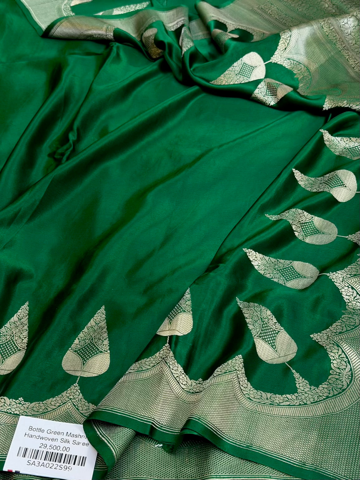 Bottle Green Handwoven Pure Banarasi Mashru Satin Silk Saree