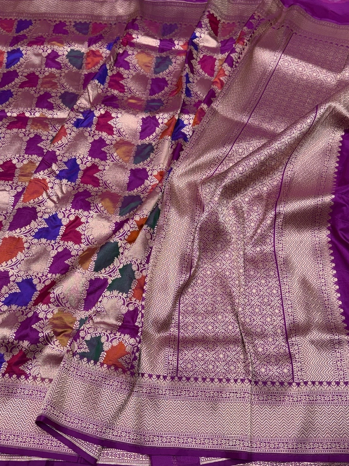 Multicolour Banarasi Pure Silk Saree – Cutwork Weave in 100% Pure Katan Silk