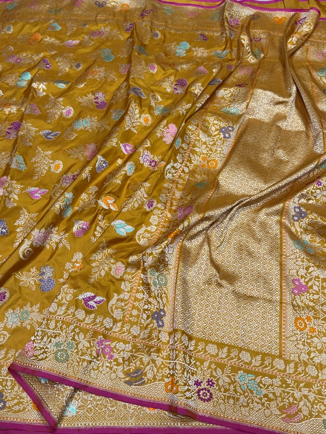 Mustard Gold Handwoven Pure Banarasi Silk Saree in Kadwa Weave | Authentic Katan Mulberry Silk