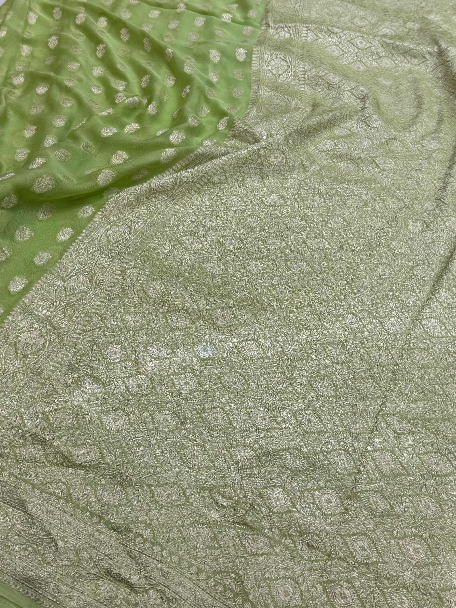 Lime Green Banarasi Pure Chiffon Georgette Saree
