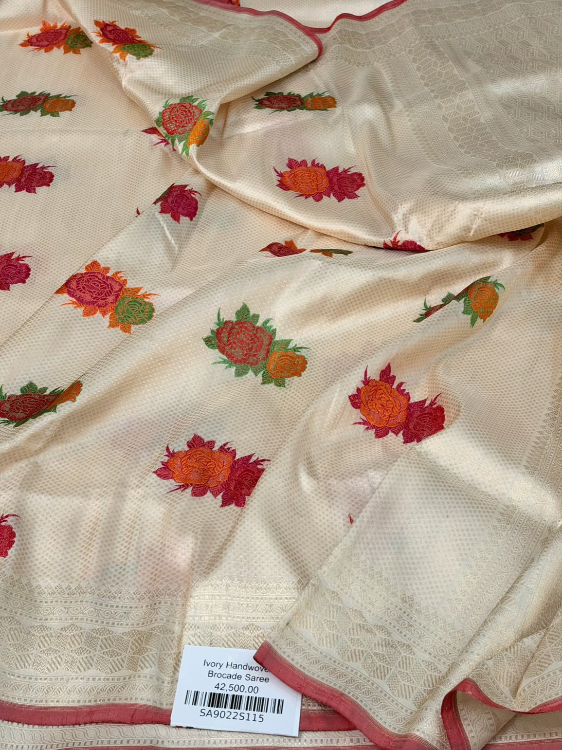 Ivory Handwoven Pure Banarasi Satin Brocade Saree