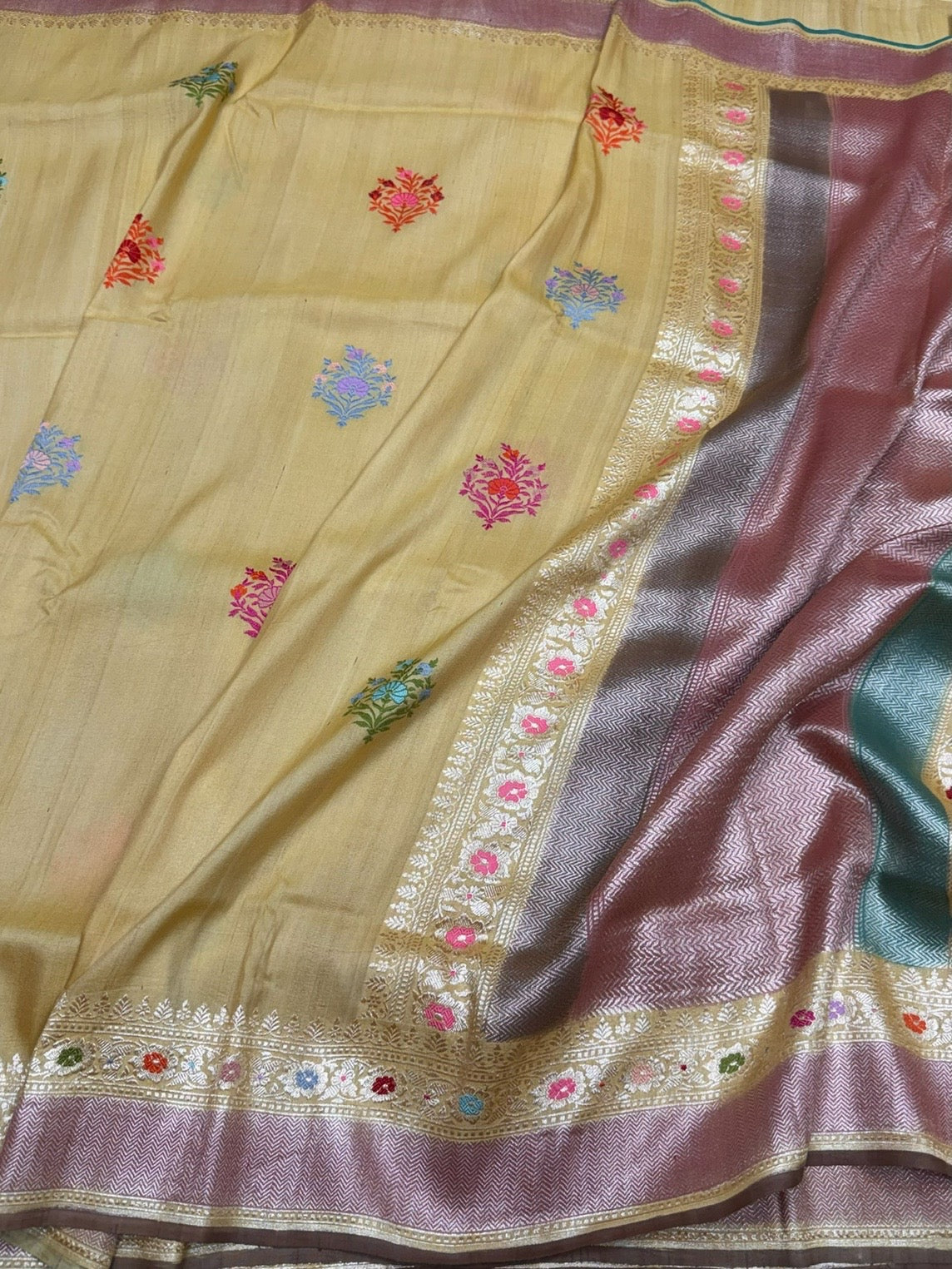 Yellow Handwoven Pure Tussar Georgette Saree