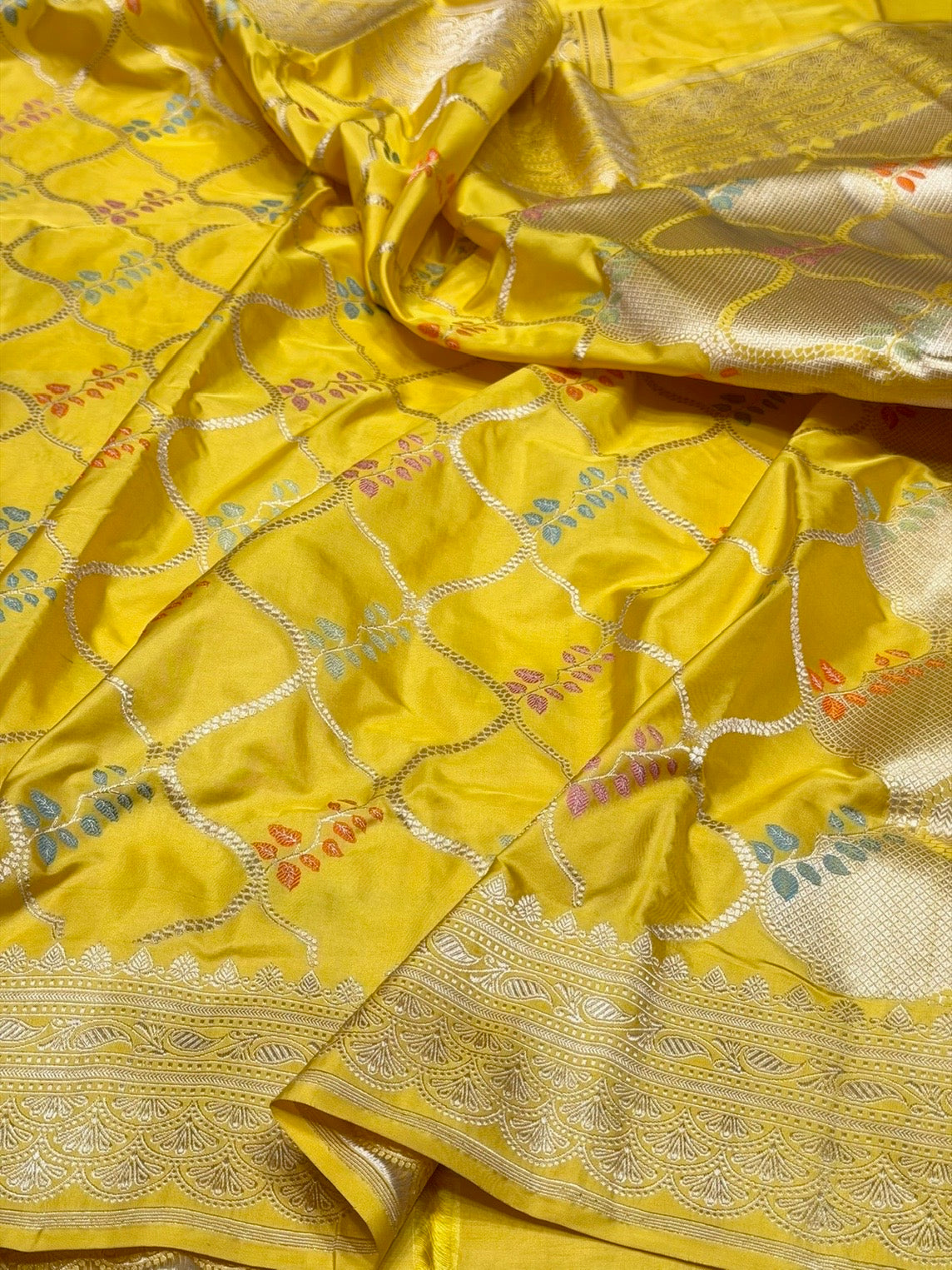 Yellow Handwoven Pure Banarasi Katan Silk Saree – Authentic Kadwa Weave from Banaras