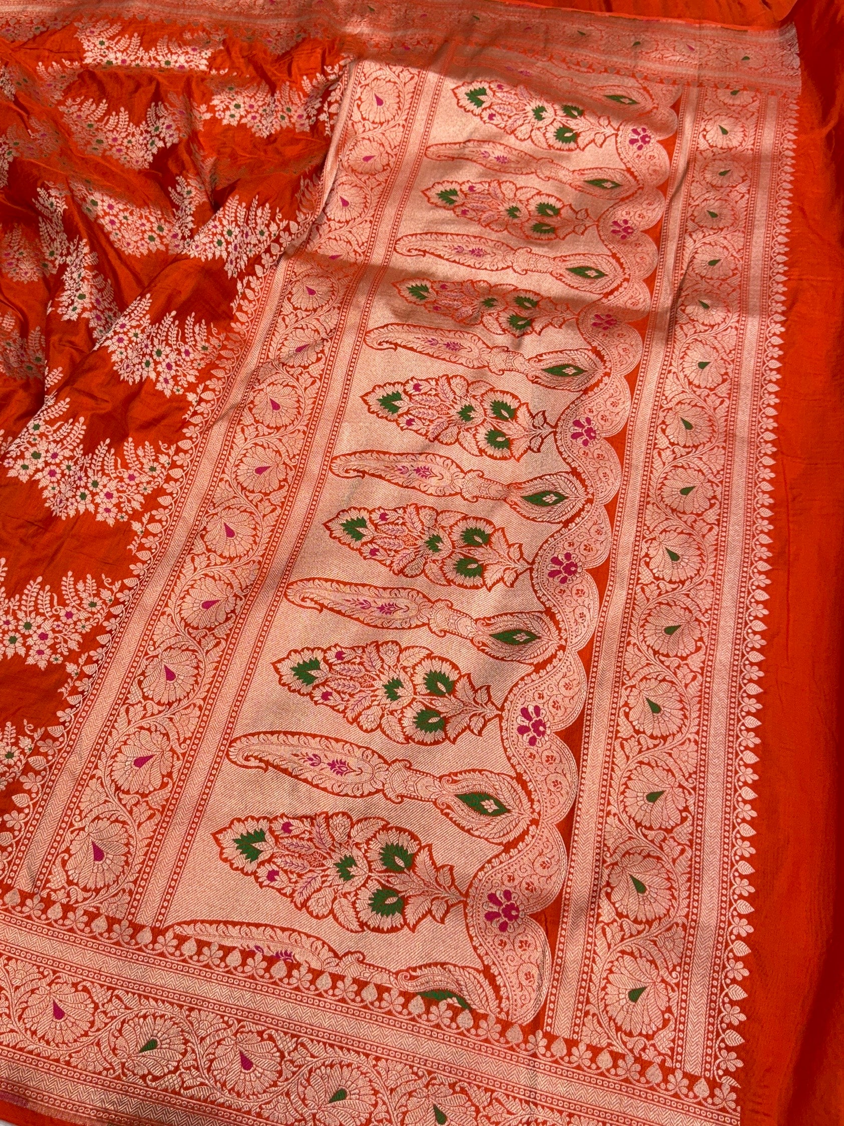 Orange Banarasi Minakari Pure Katan Silk Saree