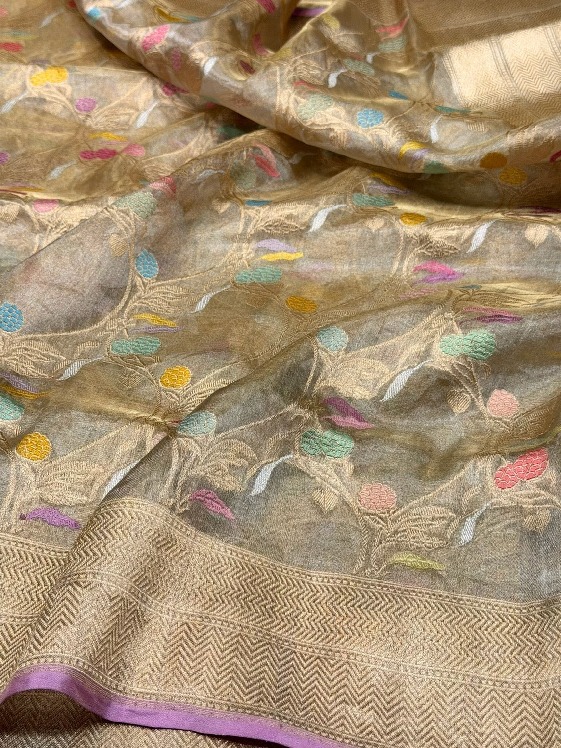 Champagne Gold Handwoven Pure Banarasi Ektara Tissue Saree