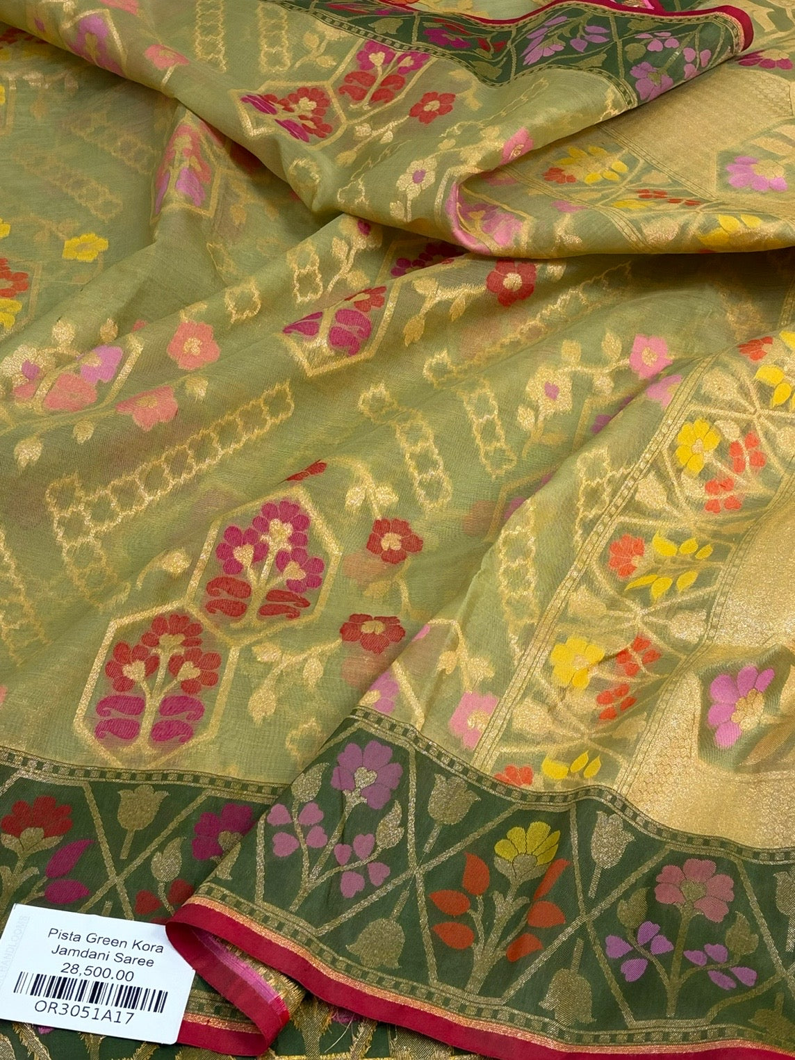 Pista Banarasi Pure Kora Jamdani Saree