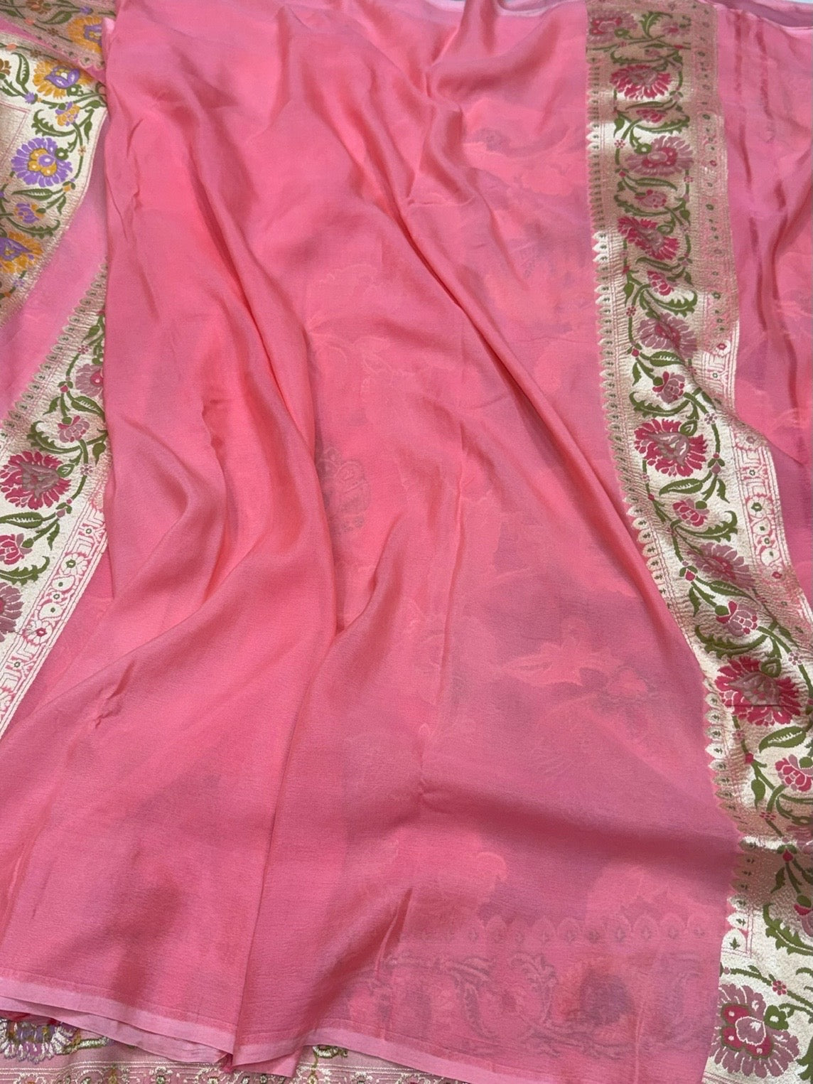 Pastel Pink Pure Banarasi Chiffon Georgette Saree