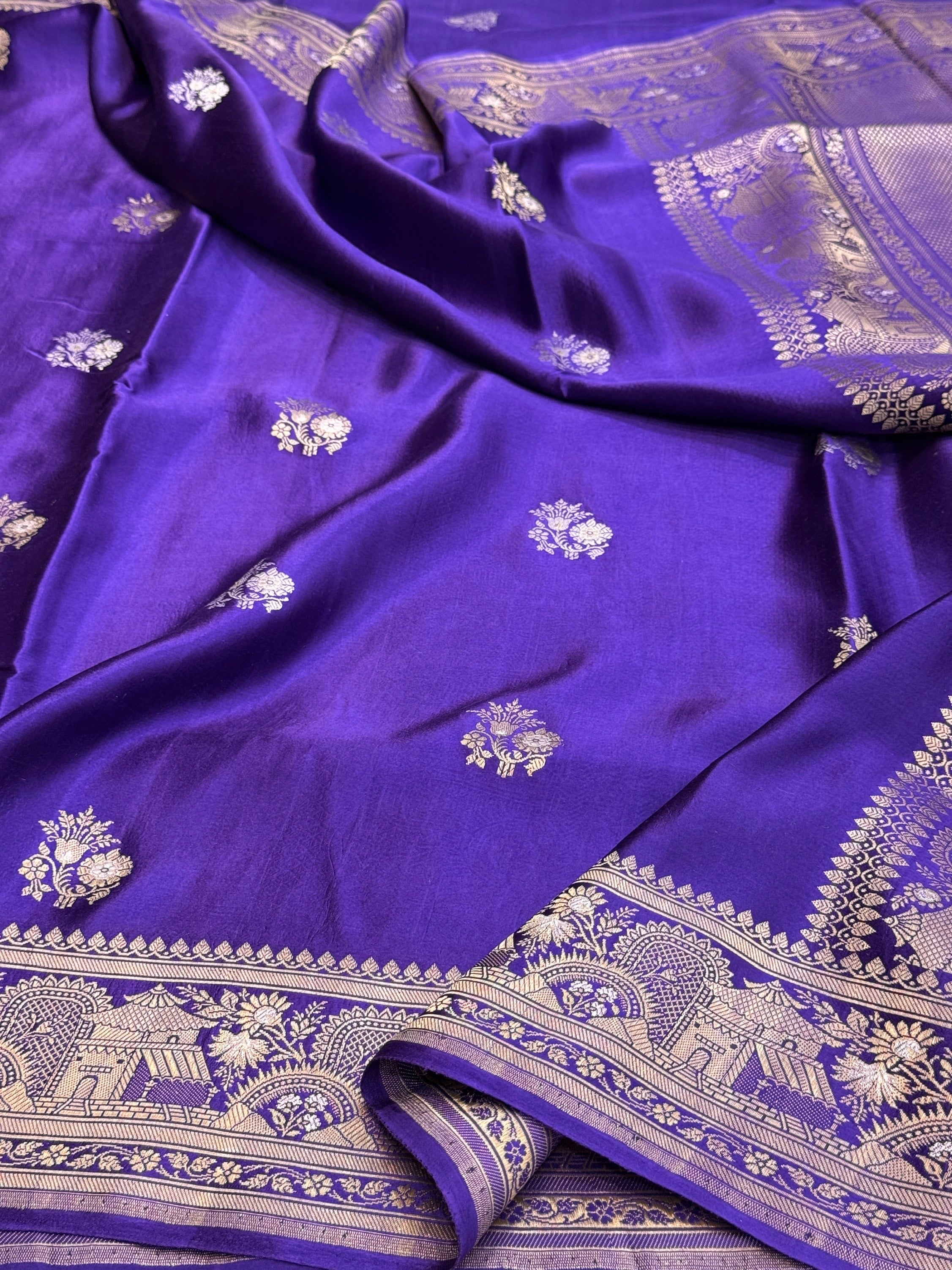 Purple Handwoven Pure Mashru Banarasi Satin Silk Saree ā Kadwa Weave | Authentic Banaras Handloom