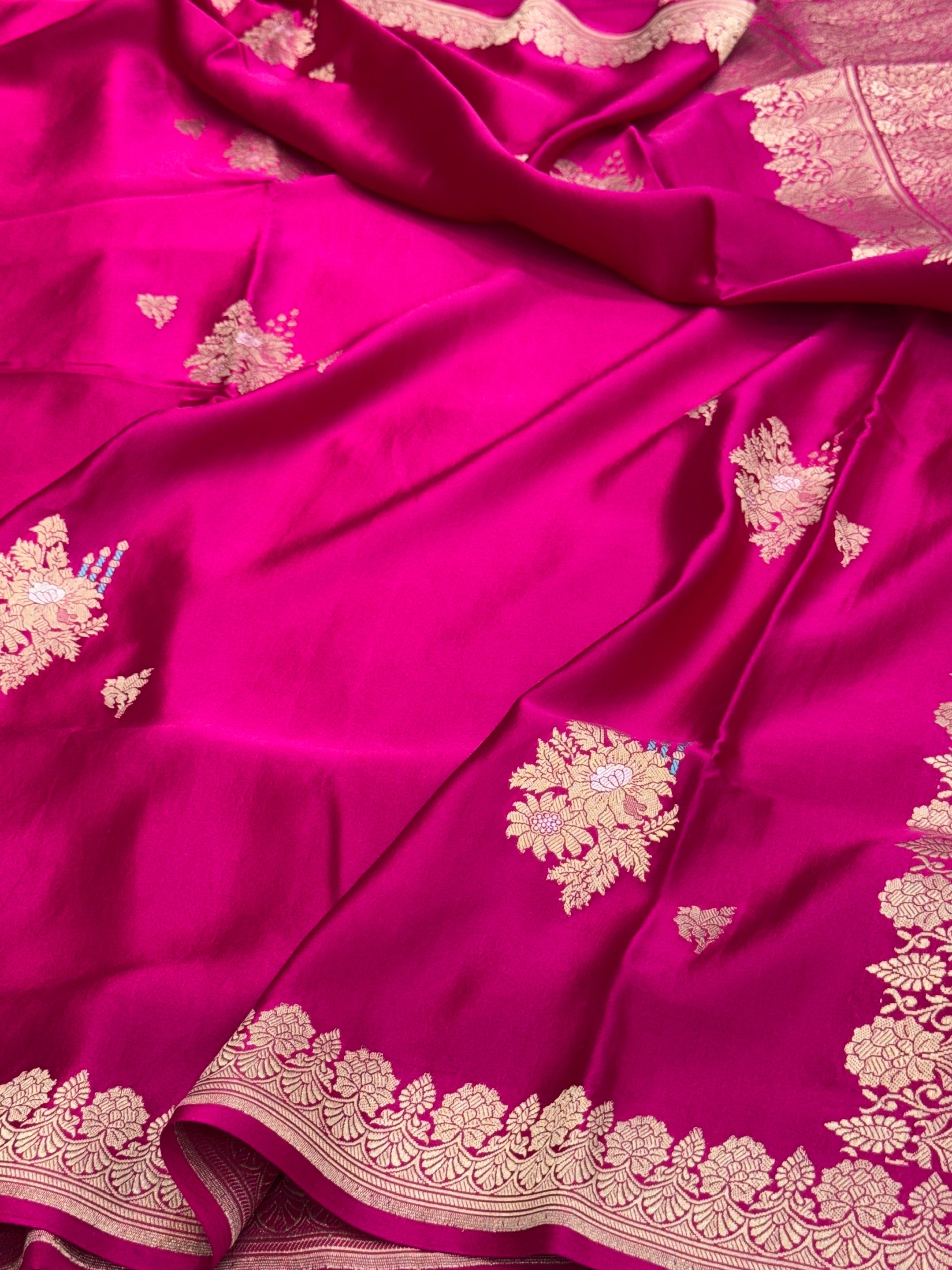 Rani Pink Handwoven Pure Mashru Banarasi Satin Silk Saree