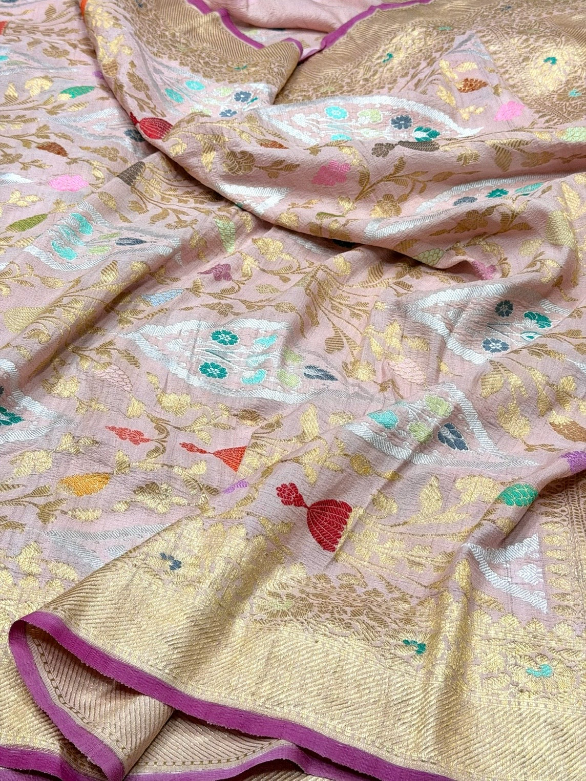 Baby Pink Handwoven Pure Banarasi Tussar Georgette Saree