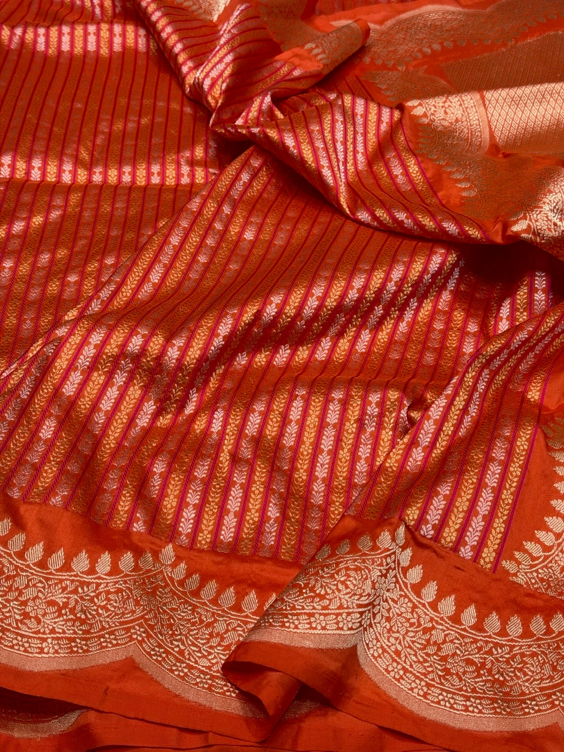 Orange Handwoven Banarasi Scallop Border Katan Silk Saree