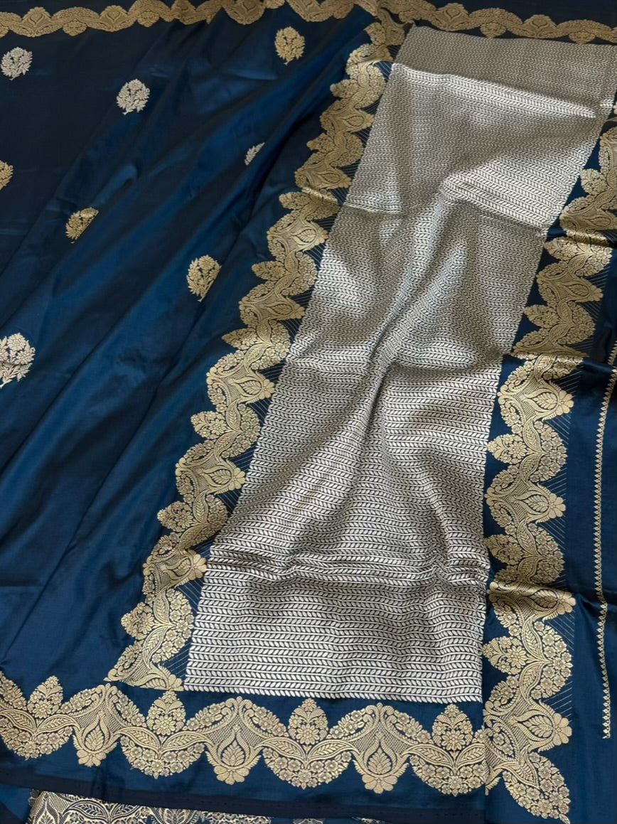 Navy Blue Handwoven Pure Banarasi Katan Silk Saree