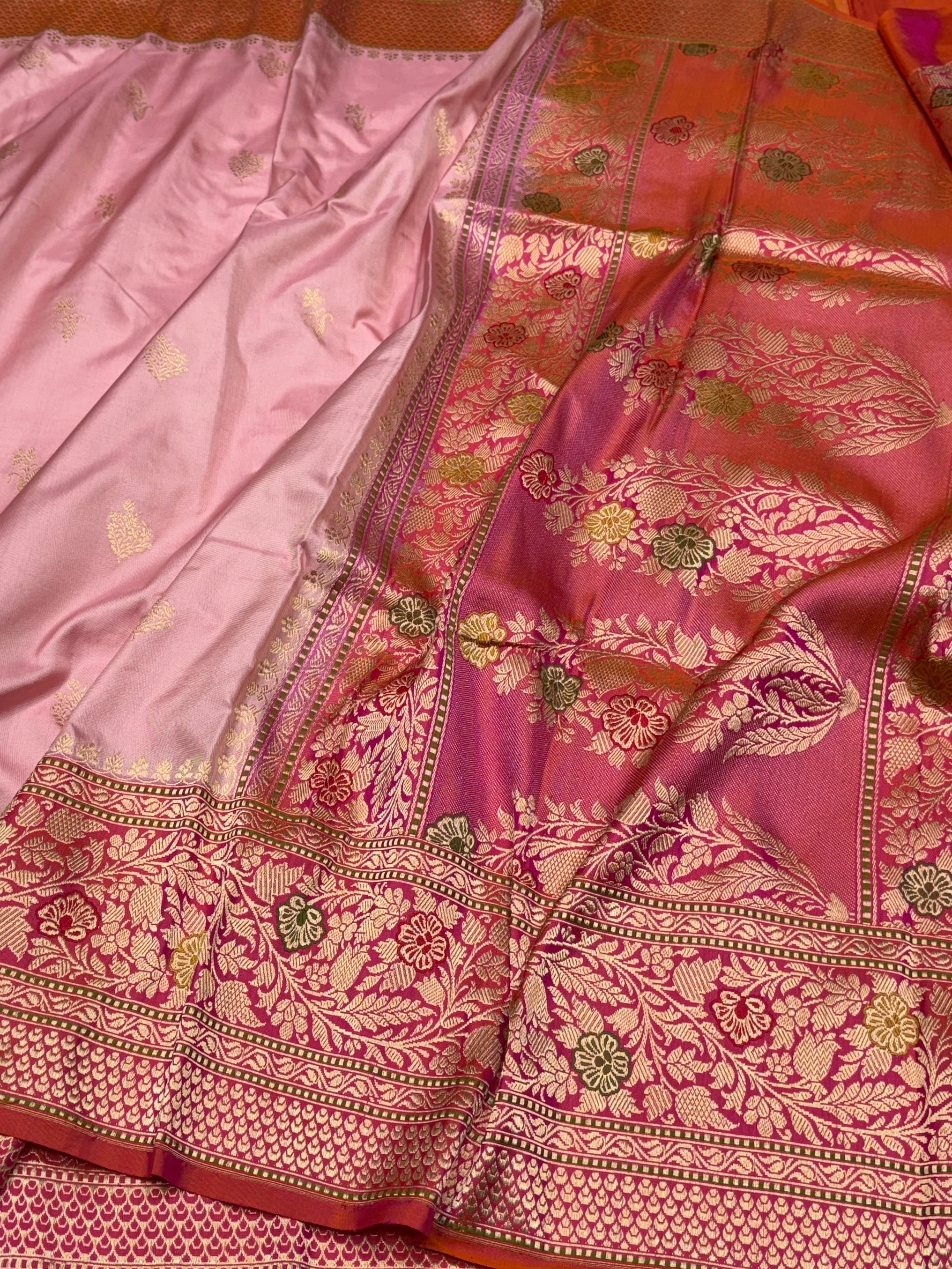 Powder Pink Pure Banarasi Katan Ektara Silk Saree – Handwoven Kadwa Booti