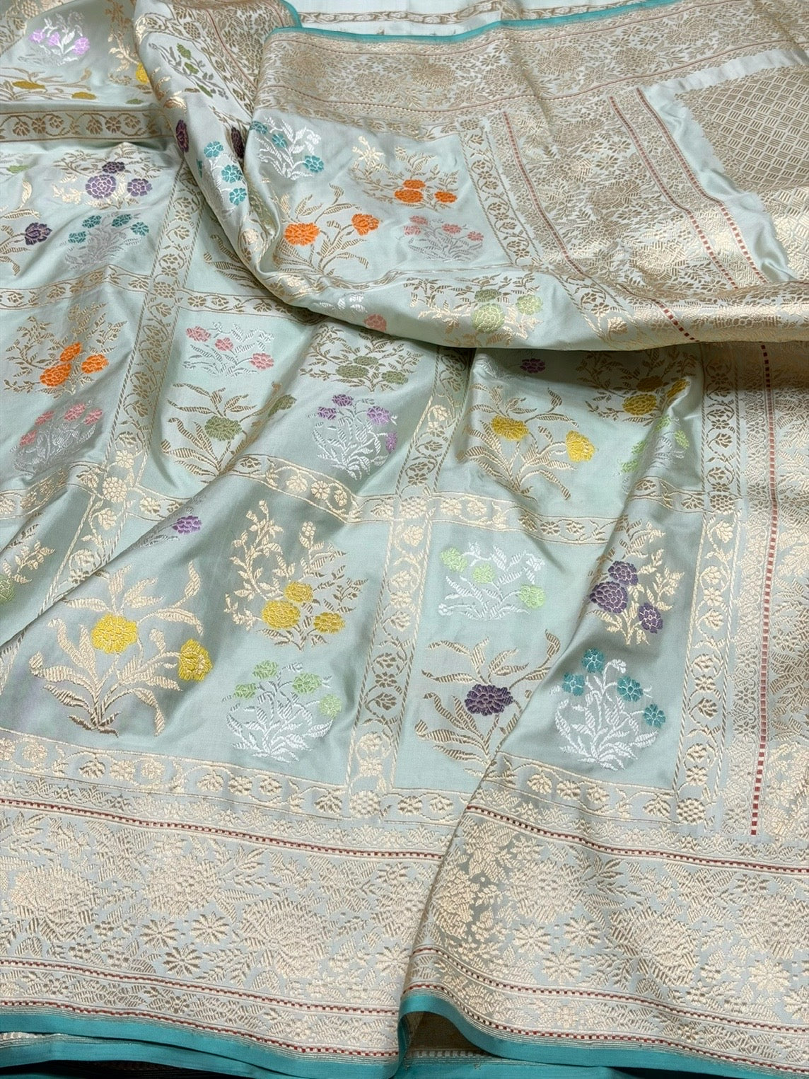 Char Bagh Sage Green Handwoven Pure Banarasi Silk Saree
