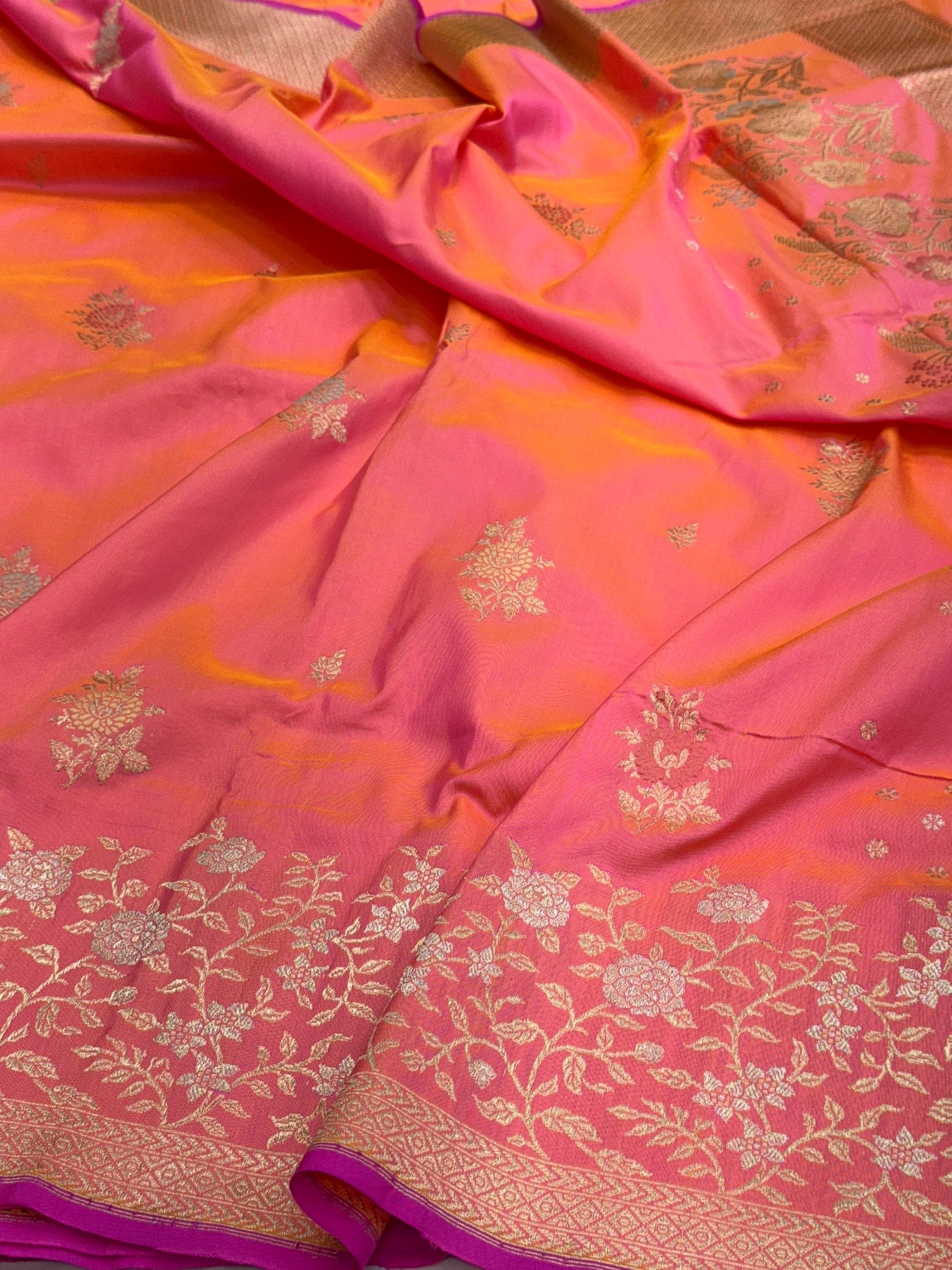 Orangish Pink Handwoven Pure Banarasi Silk Saree – Kadwa Weave in 100% Katan Mulberry Silk