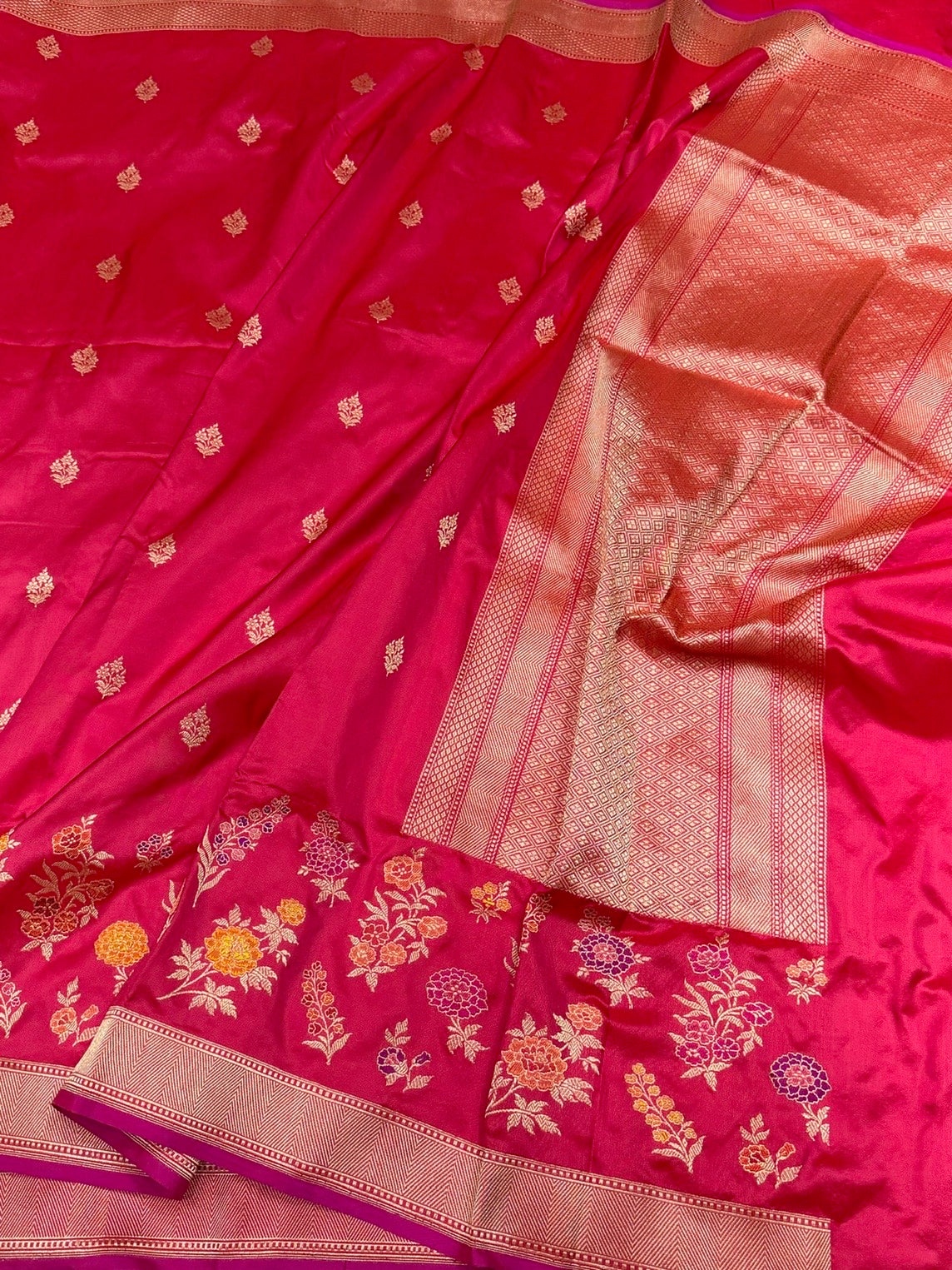 Reddish Pink Handwoven Pure Banarasi Silk Saree in Kadwa Weave | Authentic Katan Mulberry Silk
