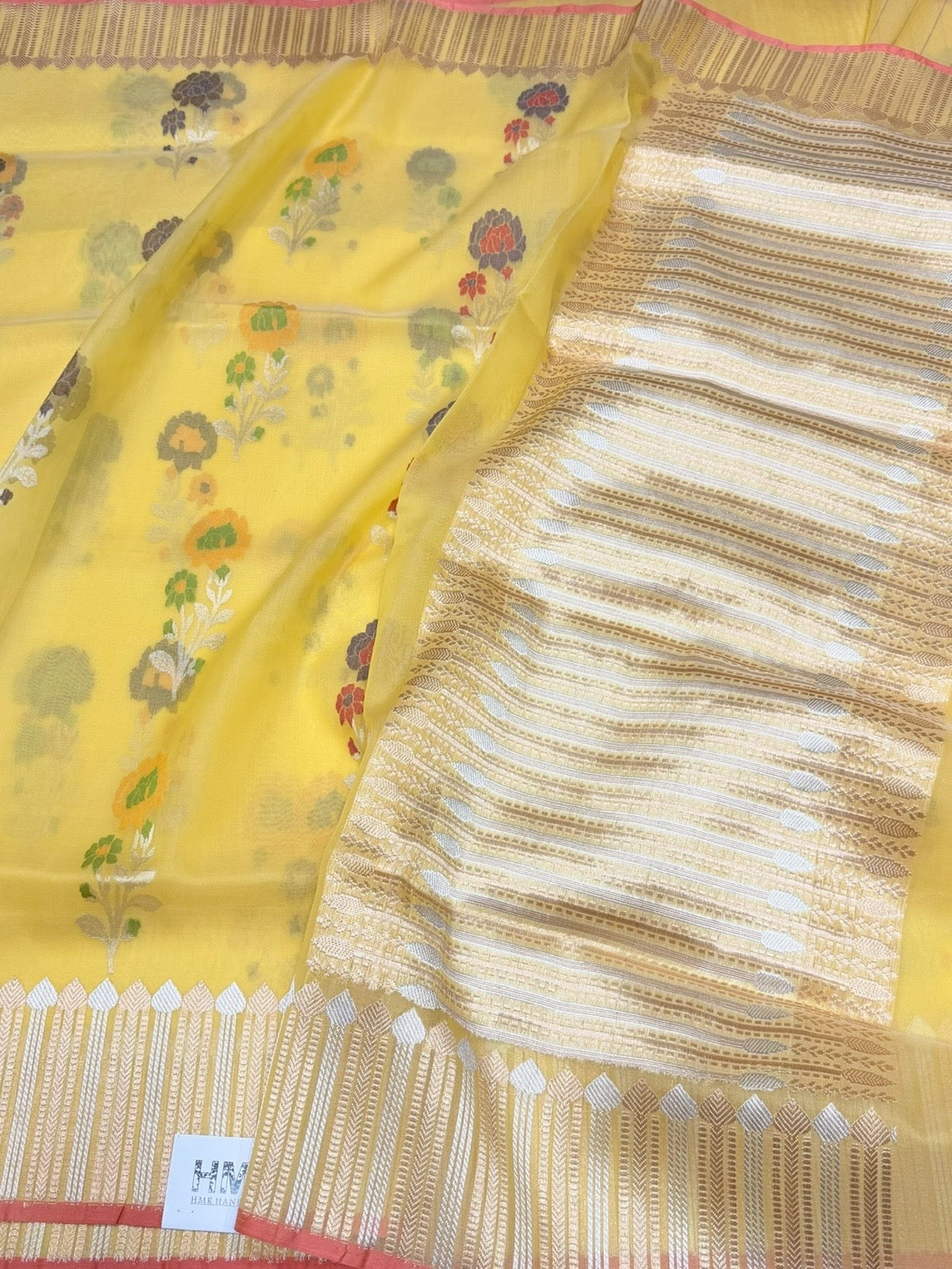 Yellow Handwoven Pure Organza Jamdani Saree