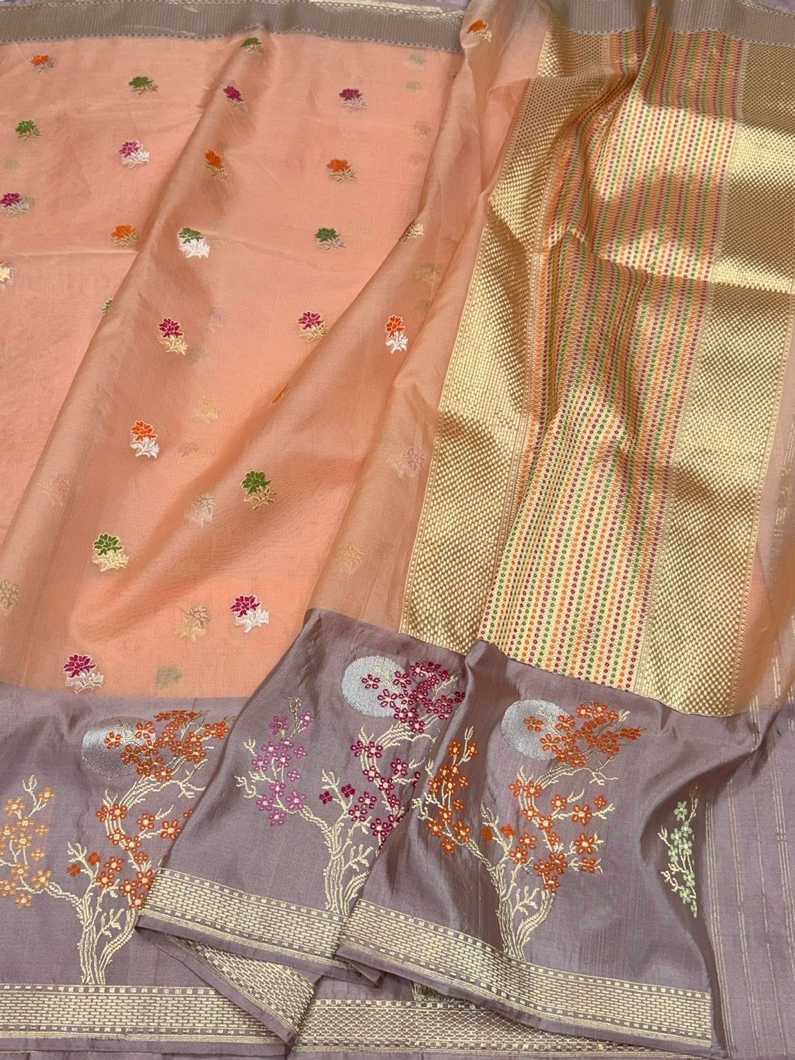 Peach Handwoven Pure Organza Silk Saree in Kadwa Weave | 100% Pure Kora Silk