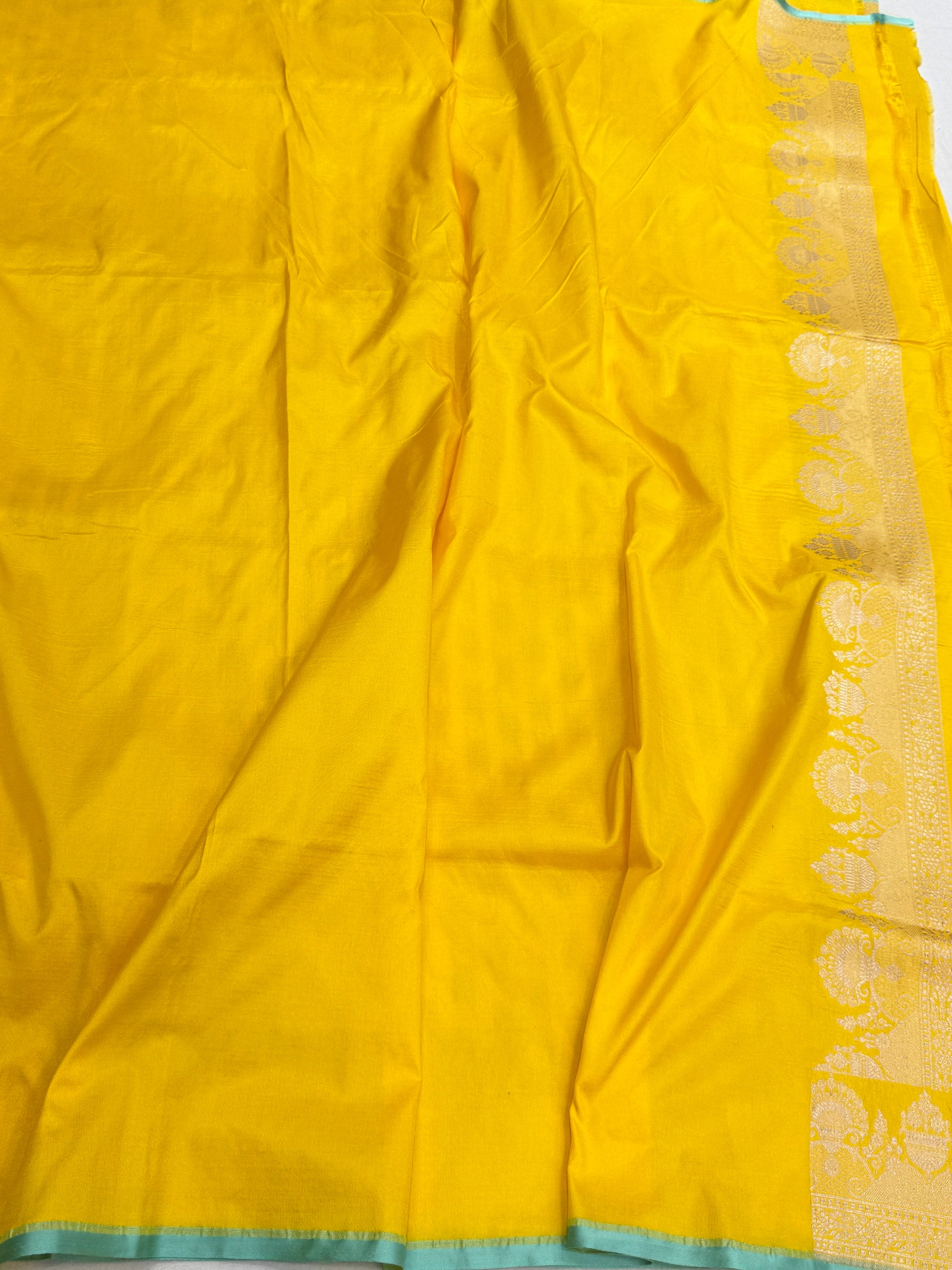 Yellow Pure Banarasi Silk Saree in Cutwork Weave – Katan Silk Elegance